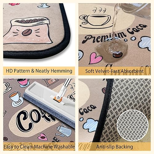 Miniatura 4 de Alfombras de cocina de café, antideslizantes, lavables, de microfibra, para suelo de cocina, juego de 2 piezas, 17 x 47 pulgadas + 17 x 30 pulgadas