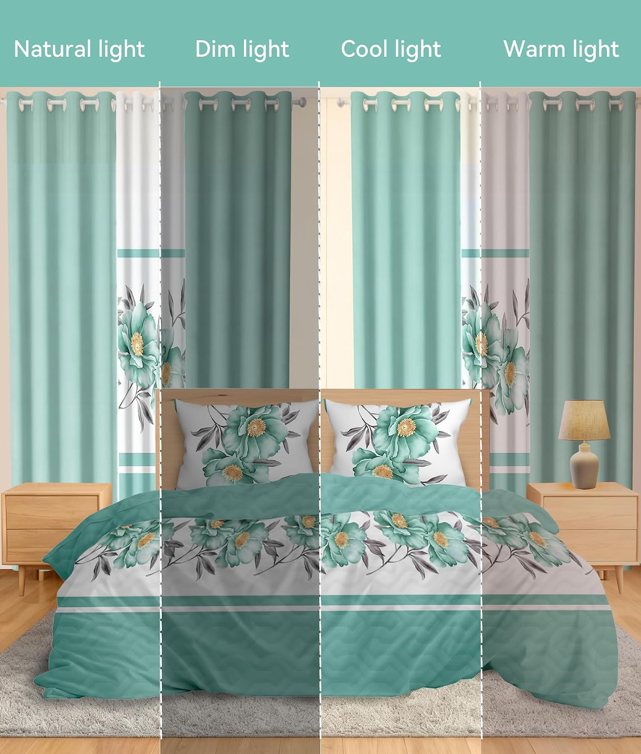 9PCS Polyester Bed Set 1 Filling Bedspread 2 Pillow Cover with Matching 6 Half-Shade Curtains Lightweight Quilt Comforter Bed Necessaries California King Size Green White Flower Color
