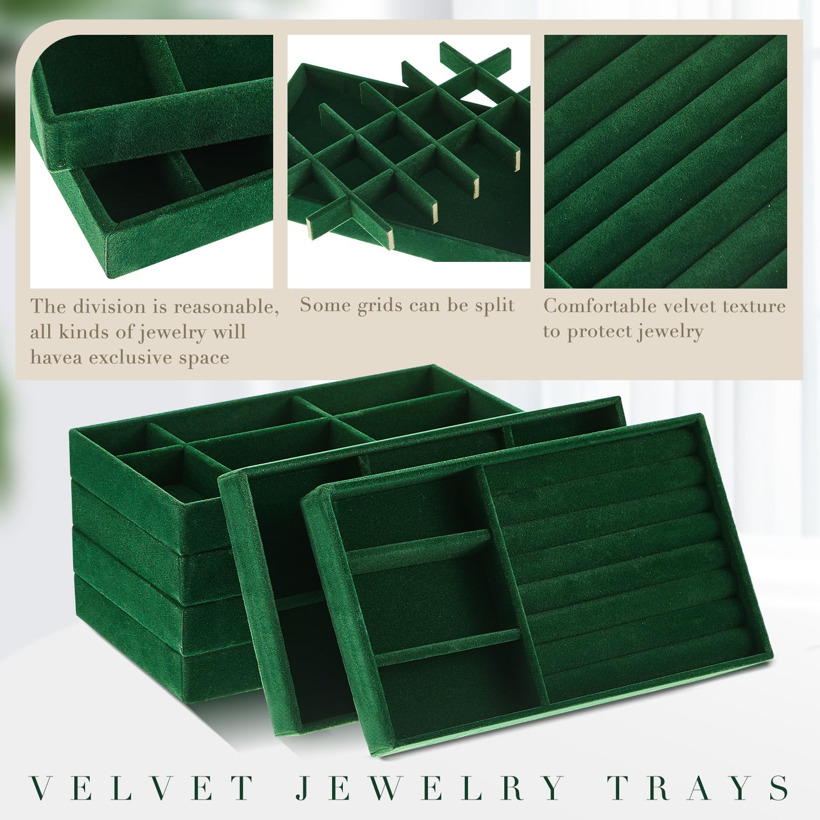 Junkin 18 vassoi in velluto impilabili per gioielli, organizer per cassetti e gioielli, con divisori, per orecchini e braccialetti (verde scuro)