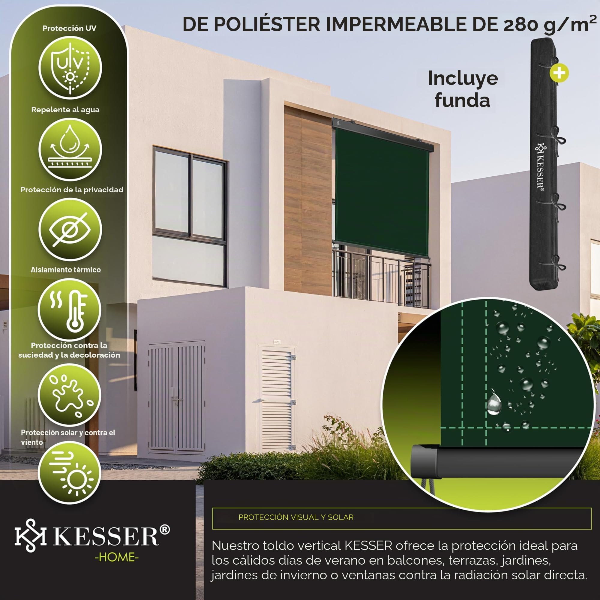 KESSER® Toldo vertical de 160 x 250 cm, con mecanismo de manivela, incluye kit de montaje y cubierta, protección solar con manivela para balcón y terraza