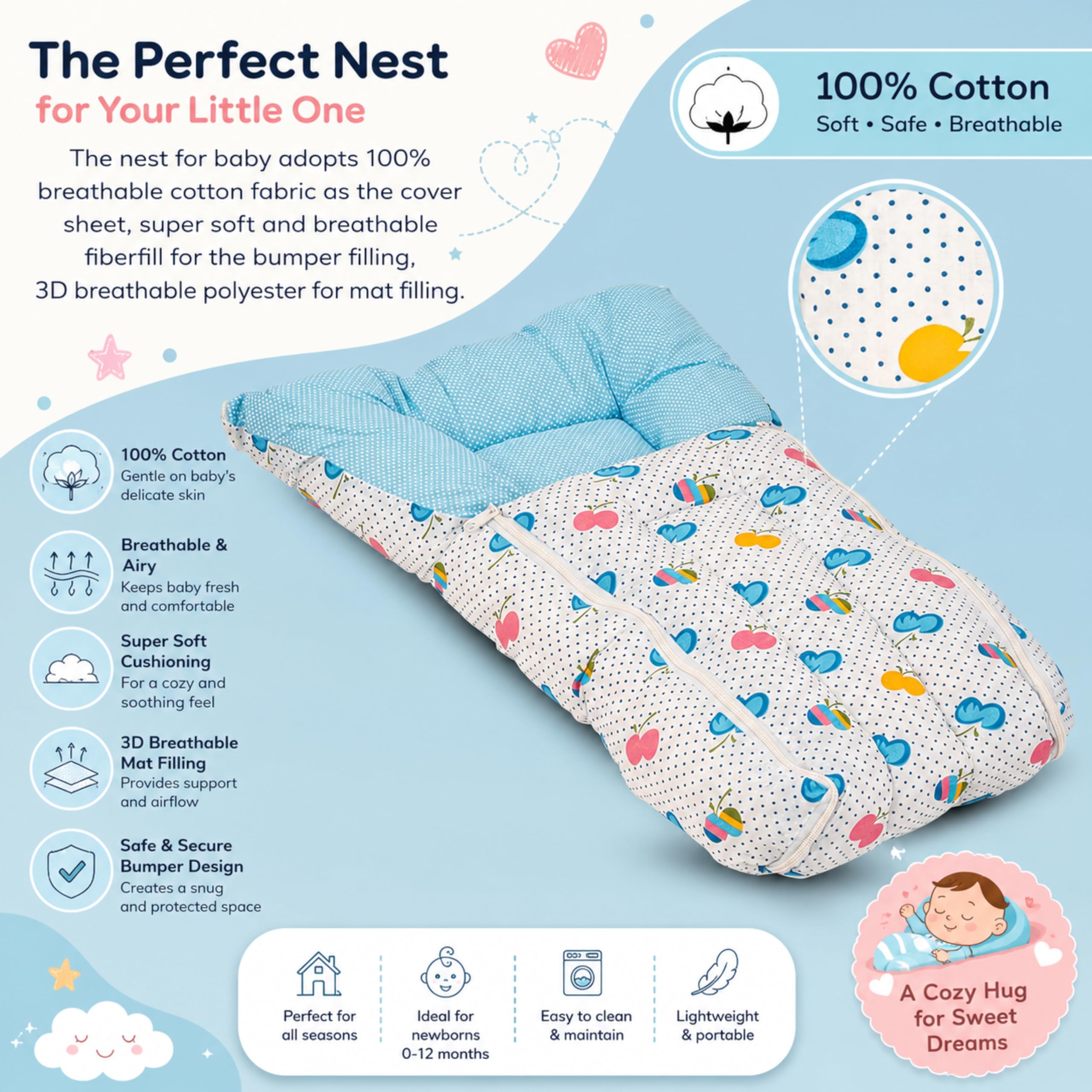 Mommers Baby Sleeping Bag for Newborn Baby | Soft Baby Wrapper Cum Carry Nest with Head Support | Reversible & Lightweight Baby Bedding for 0-6 Months 2