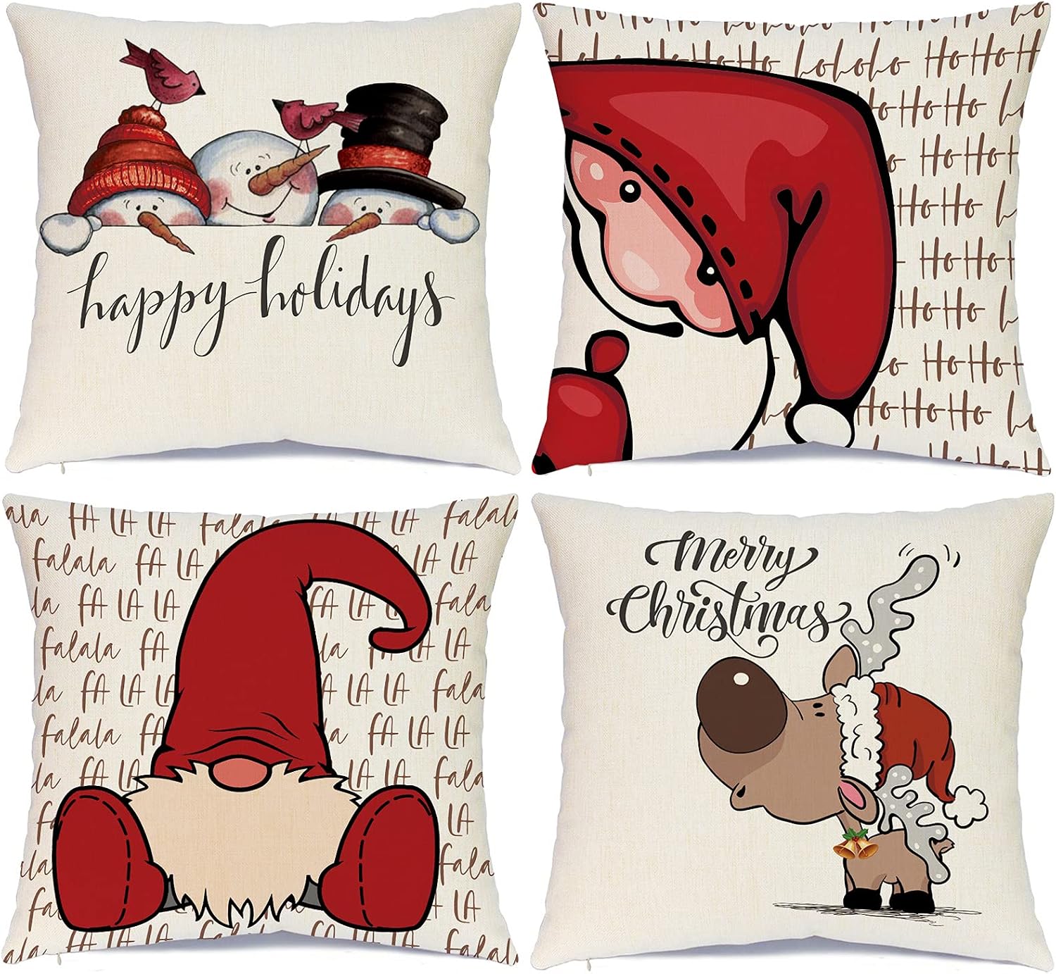 Hlonon Christmas Decorations Pillow Covers 18 x 18 Inch Set of 4 Winter Holiday Decorative Throw Pillowcase Rustic Santa Deer Snowman Gnome Cushion Cases Farmhouse Christmas Decor for Home Couch