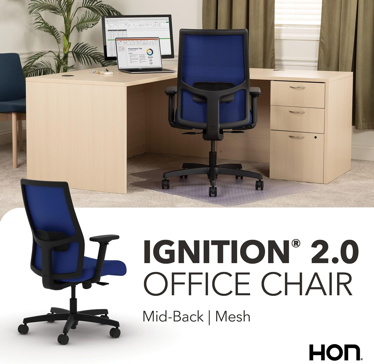 HON Ignition 2.0 Mid‑Back Ergonomic Office Chair, Mesh Task Desk Chair with Lumbar Support, Standard Synchro‑Tilt, Height and Width Adjustable Arms, Black Frame, Cobalt