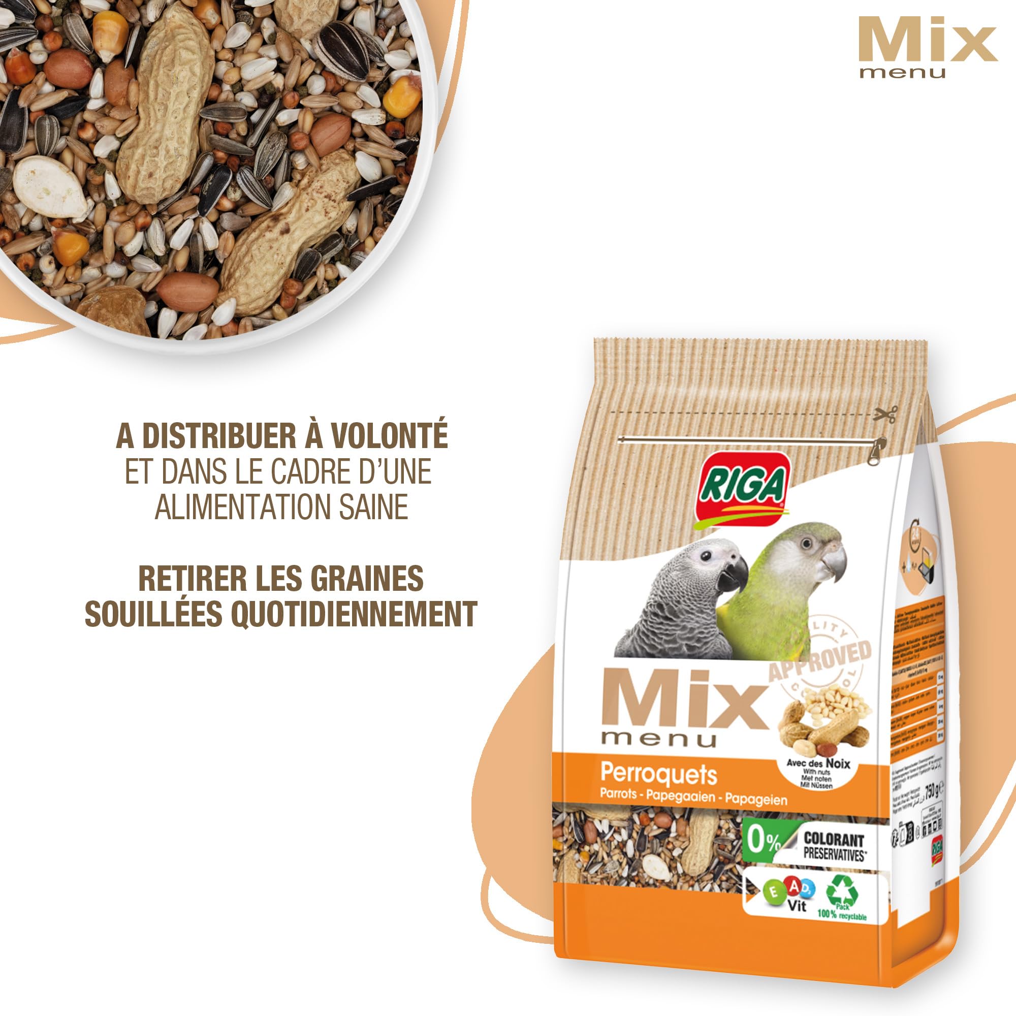 Riga - Menu Mix pour Perroquets - Mix Vitaminé - Nourriture pour Oiseaux - Graines Et Céréales - Aux Noix - Vitamines Et Minéraux - Enrichi en Prébiotiques - sans Colorant, Ni Conservateurs - 750 g - 5