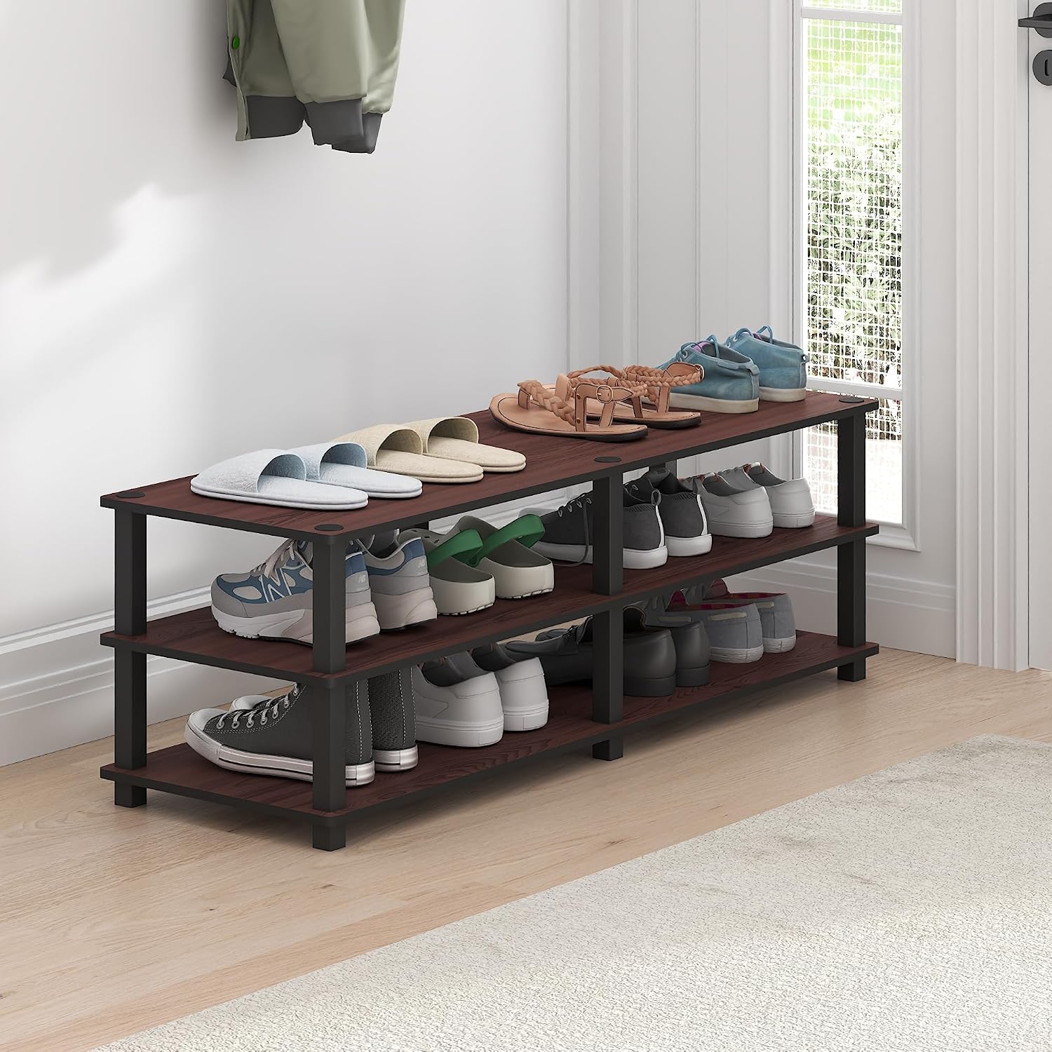 Pemberly Row 3-Tier Shoe Storage Rack, 47.2" W x 15.4" H x 11.6" D, Dark Cherry/Black Finish, Composite Wood and PVC Tubes, No-Tools Assembly, Holds 6 Pairs Per Shelf, Stylish Design for Entryway or