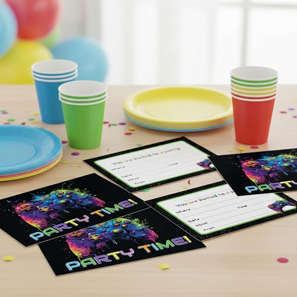 PartiKraft (Pack of 15) Bright Gamer Gaming Controller Birthday Party Invitations - Made in the UK (Invitations Only - No Envelopes) - 2