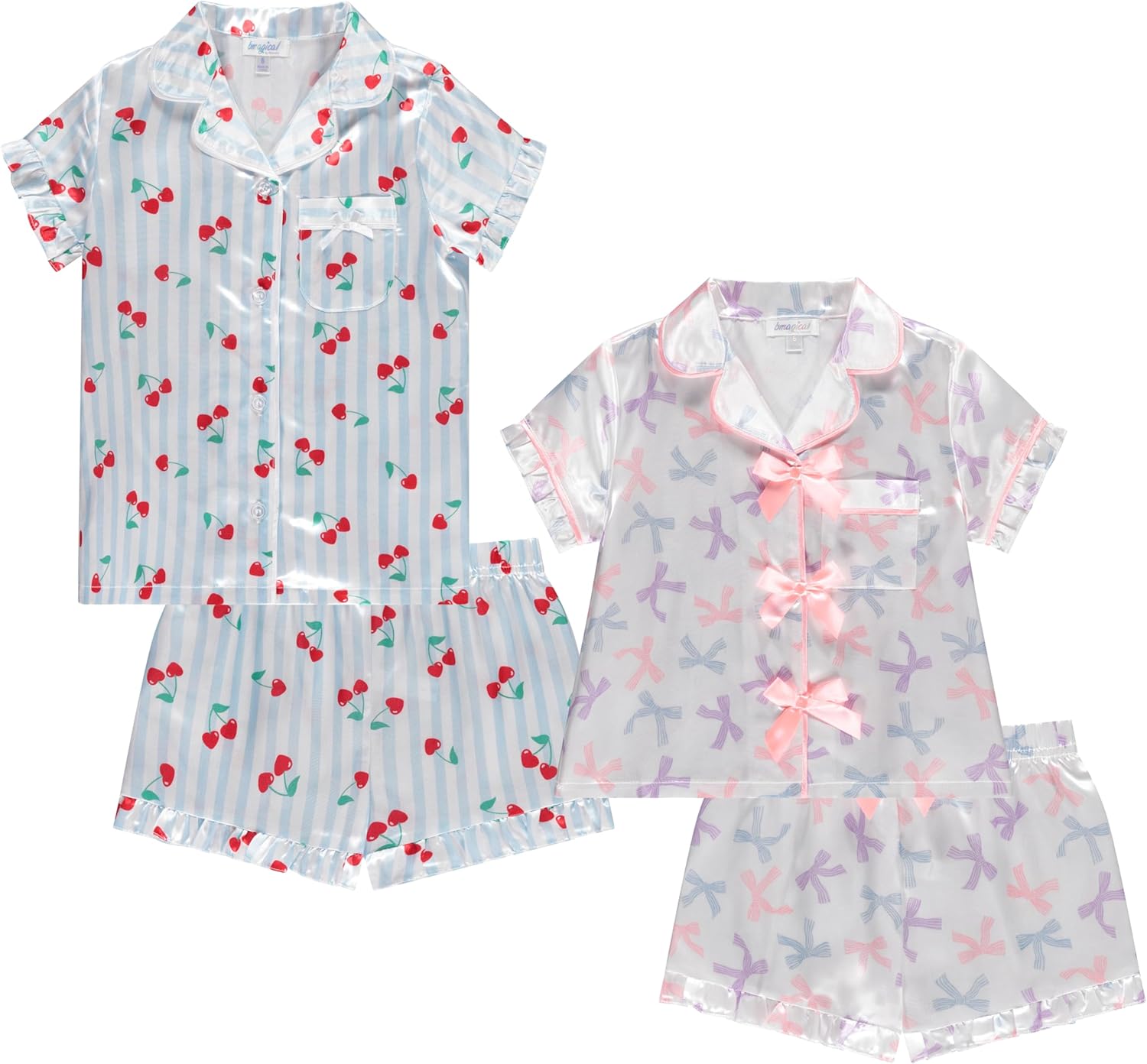 BTween Girls Satin Pajama Set 4 Pack, Short Sleeve Button-Down Sleepwear for Kids, Soft and Breathable Nightwear