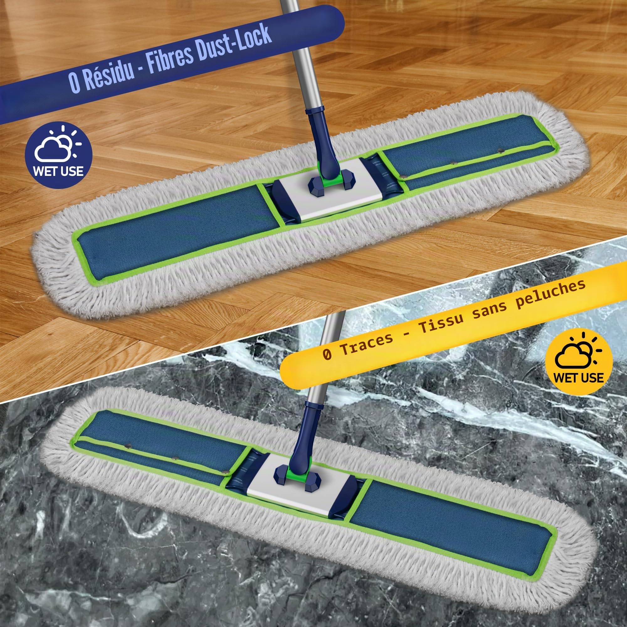 Grand balai plat industriel : 104 cm de large et très résistant pour sols en bois dur – Plumeau pour sols secs avec 2 tampons de 150 cm de long manche pour garage, entrepôt, nettoyage d'usine