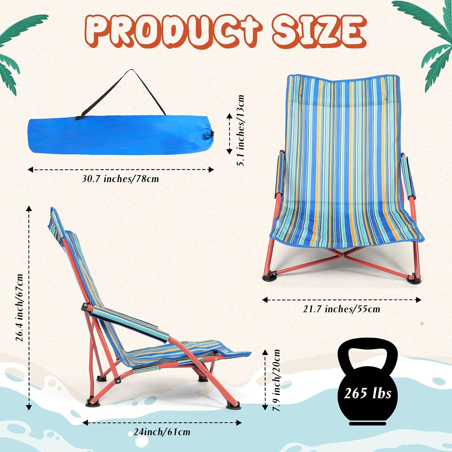 Wenqik 4 Pack Low Seat Beach Chairs, Blue High Back Reclining Folding Camping Chair with Carry Bag Portable for Outdoor Beach Lawn Picnic(Green)