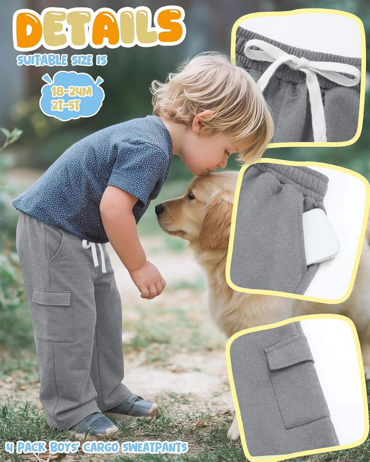 4 Pack Baby Boys' Cargo Sweatpants Toddler Straight Leg Elastic Waist Pants Athletic Open Bottom Jogger with Pockets