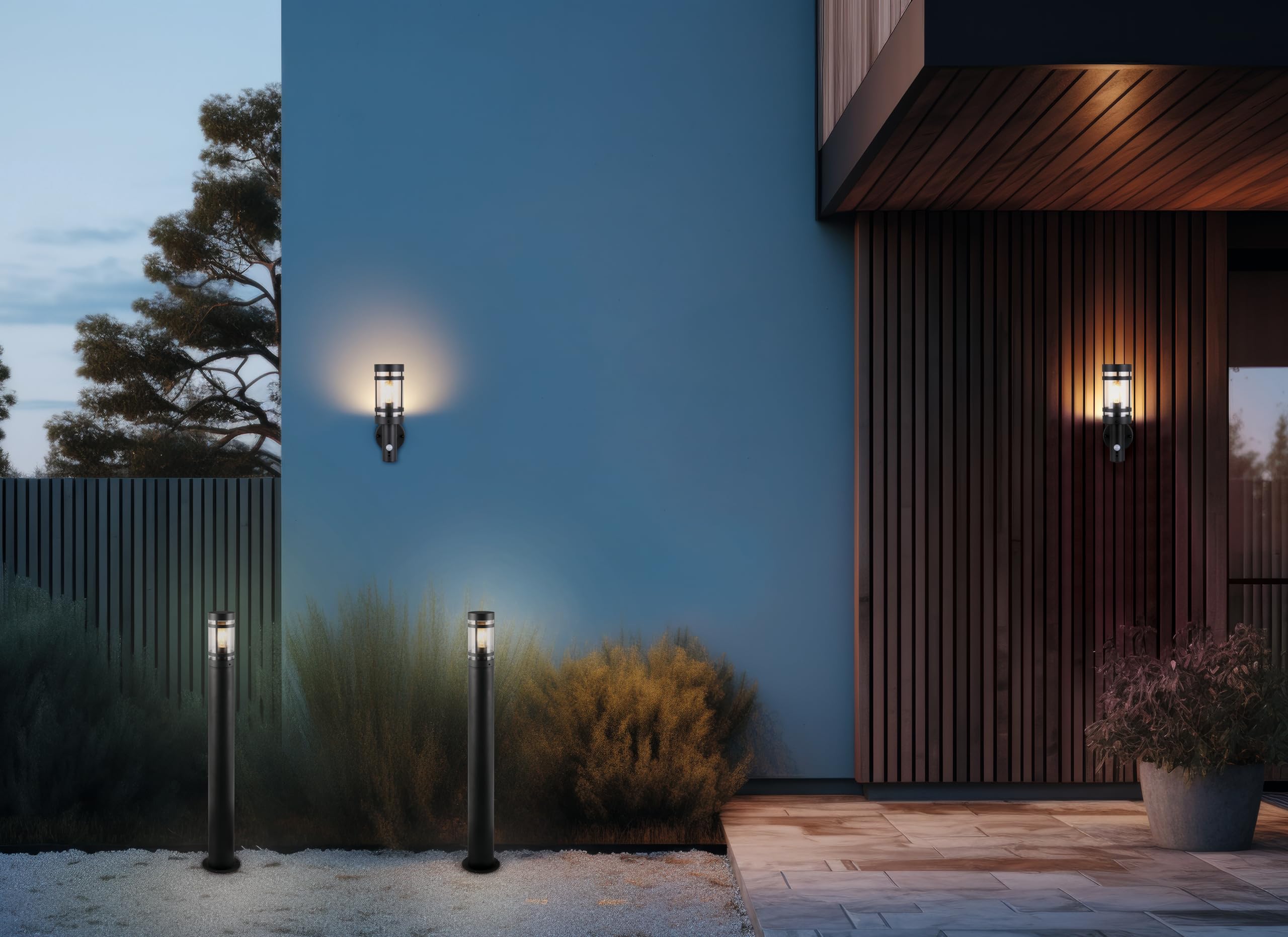 Reality Leuchten Paloma R21719142 - Lampada da parete per esterni, in metallo antracite, paralume in plastica trasparente, 1 x E27, sensore di movimento