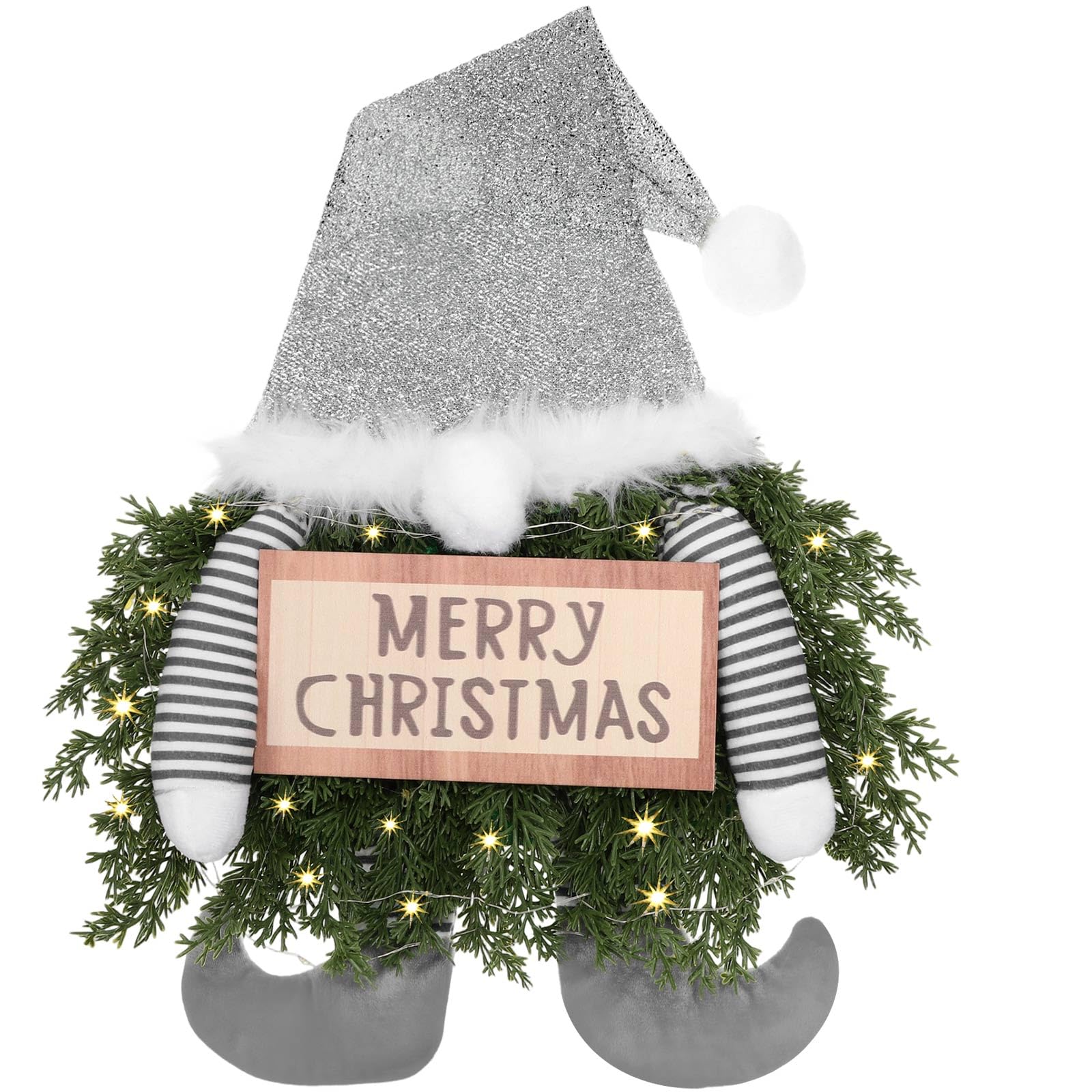 Christmas Lighted Wreath Gnome Xmas Gnome Door Wreath Artificial Santa Xmas Hanging Sign for Door Window Wall Decorations Farmhouse Christmas Home Decor(Silver)