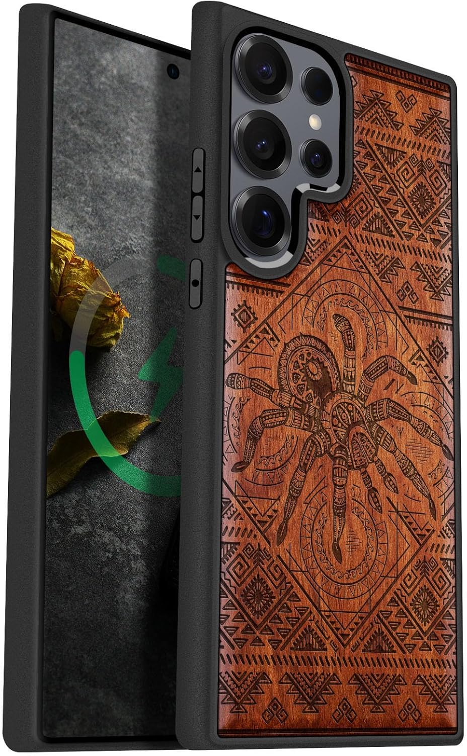 Carveit Magnetic Wooden Case for Samsung Galaxy S25 Ultra Case 2025, TPU Shockproof Cover & Wood Artisan Engraved, Compatible with MagSafe Wireless Chargers (Intricate Tribal Spider Design) Rosy