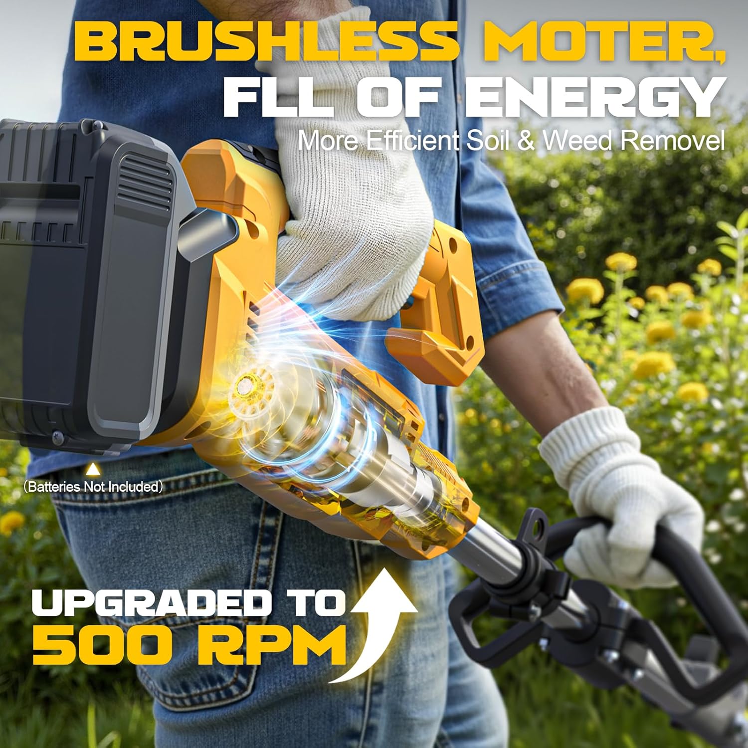 Cordless 2-in-1 Tiller Cultivator & Weed Wacker Compatible with Dewalt 20V Battery (Tool Only), 500RPM Electric Garden Tiller String Trimmer, 9" Tilling Width 9.4" Depth for Soil Lawn Cultivation Bright Yellow