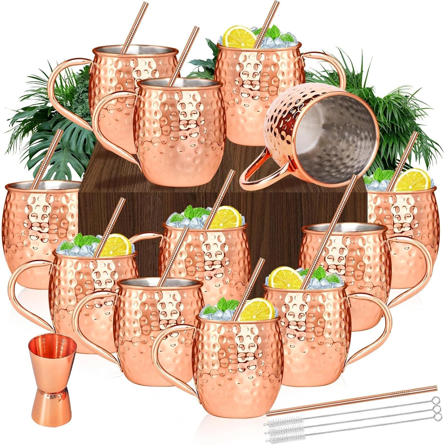 Moscow Mule Copper Mugs Moscow Mule Cups Kit 19oz Set of 12 with Handle Large Copper Hammered Plating Cups with 0.5oz Double Jigger, Stainless Steel Straws, Spoons for Cold Drinks Cocktails Wine