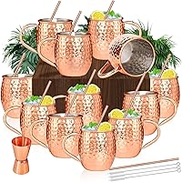 Vista 1 de Juego de tazas para cócteles de cobre de mula de Moscú, tazas de mula de Moscú, kit de 19 onzas, juego de 12 con asas, grandes tazas de cobre