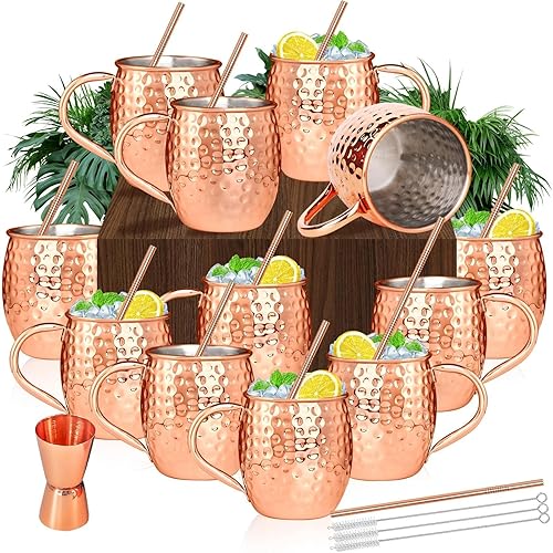 Moscow Mule - Juego de 12 tazas de cobre de 19 onzas con asa, tazas grandes de cobre martillado con doble jigger de 0.5 onzas, pajitas de acero