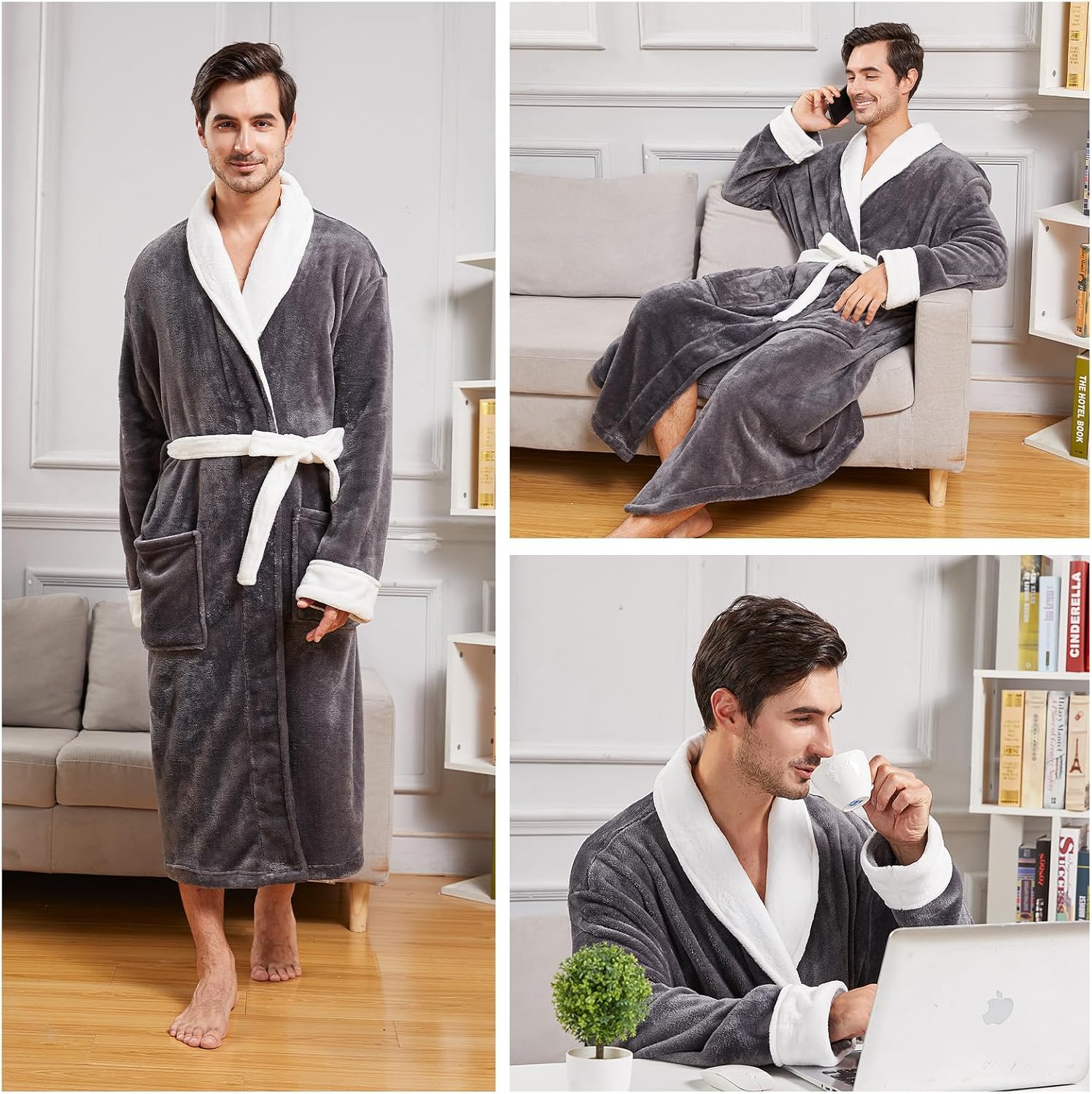 FashGudim Mens Robe Plush Robes for Men Warm Soft Fleece Bathrobe Calf Length Shawl Collar Short House Robes with Pockets - Image 5