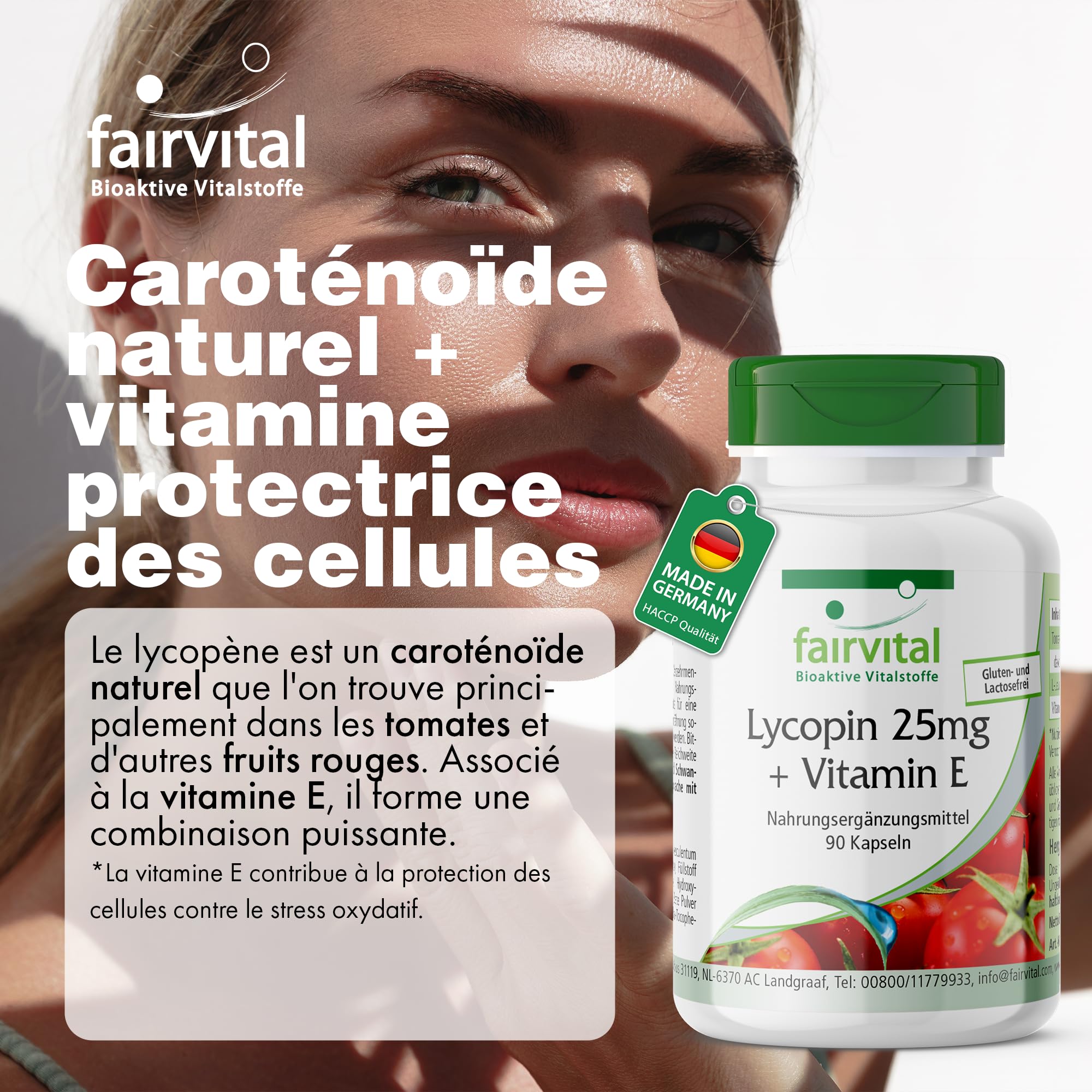 fairvital Capsules de lycopène avec vitamine E, 90 capsules, faciles à avaler, 25mg de lycopène, VÉGÉTALIENNES, micro-encapsulées