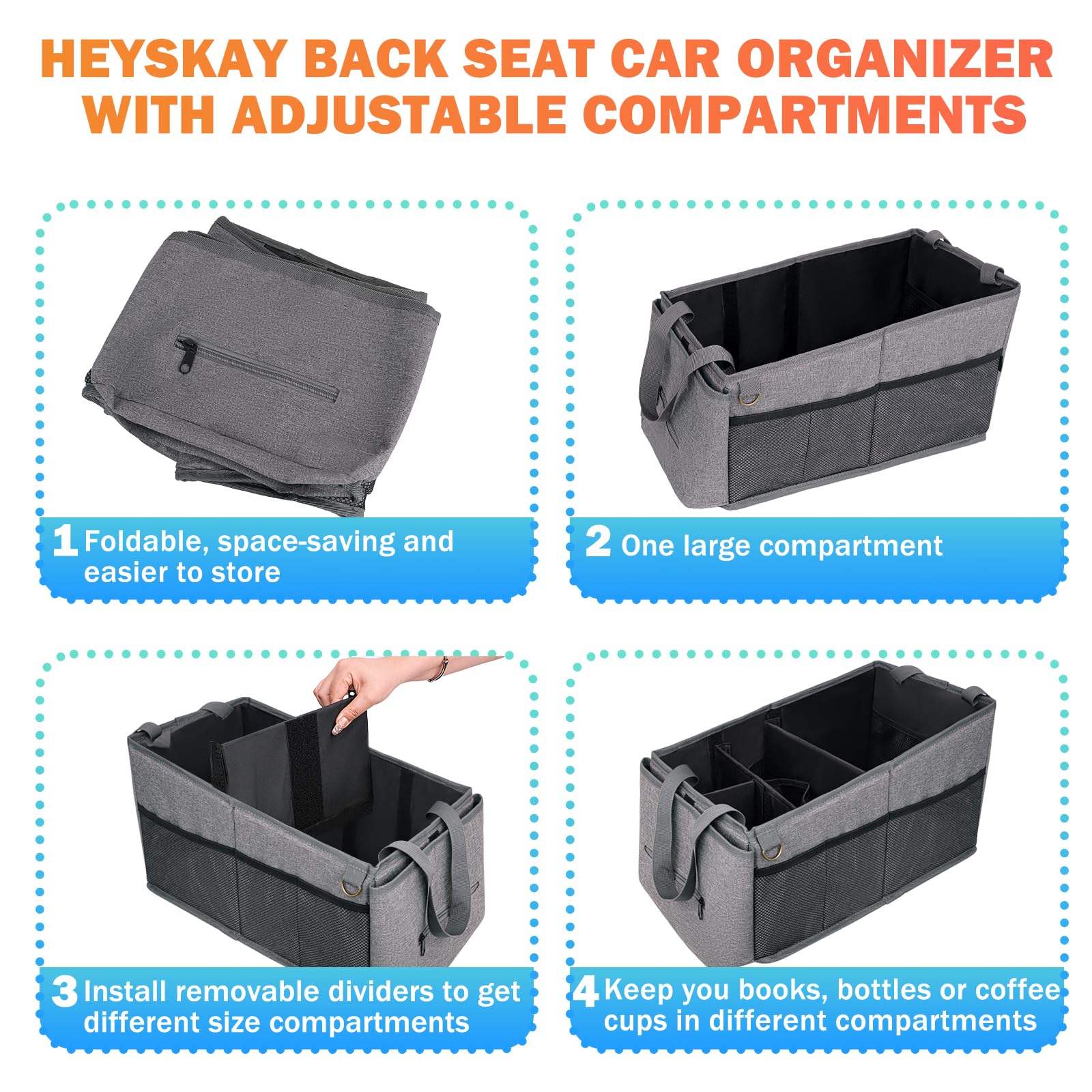 HEYSKAY Autositz Organizer Rücksitz Organizer für Kinder, Klappbarer Auto-Stauraum für Konsole Vorne/Hinten, Auto Organizer mit 4 Getränkehaltern Reisezubehör