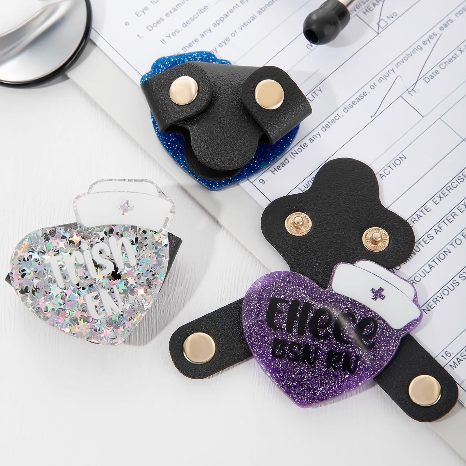 BYFDIY Personalized Stethoscope Tag with Name Job Title Custom Glitter Heart Nurse Cap Stethoscope ID Tag Concealed Snap Charm Appreciation Graduation Gifts for Medical Staff RN Nurses