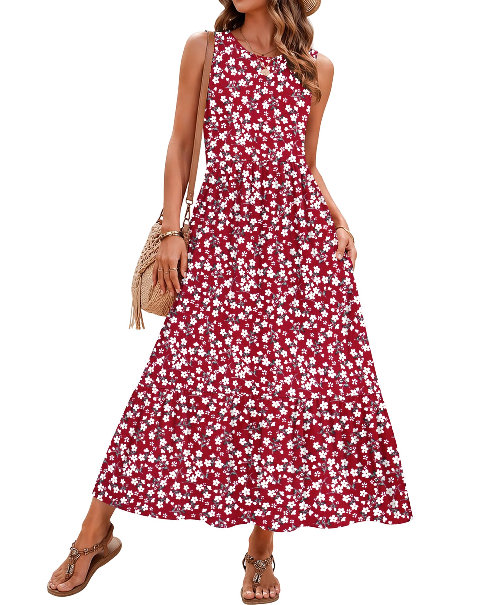 AUSELILY Sommerkleid Damen Lang Ärmelloses Maxikleid Damen Sommer Strandkleid Lange Rundhals Tank Top Kleider Leicht und Luftig mit Taschen Elastischer Taille