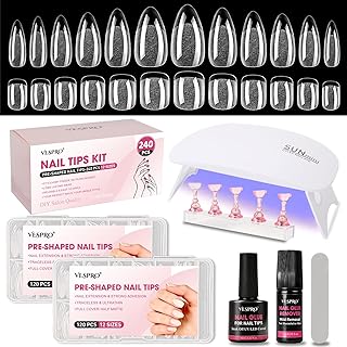 Short Almond & Short Square Gel Nail Tips Kit-240Pcs Pre Etched Clear Fake Nails in 12 Sizes with 5 in 1 Gel Glue, Nail Glue Remover, UV LED Lamp and Nail Stand, Gifts for Women Girls