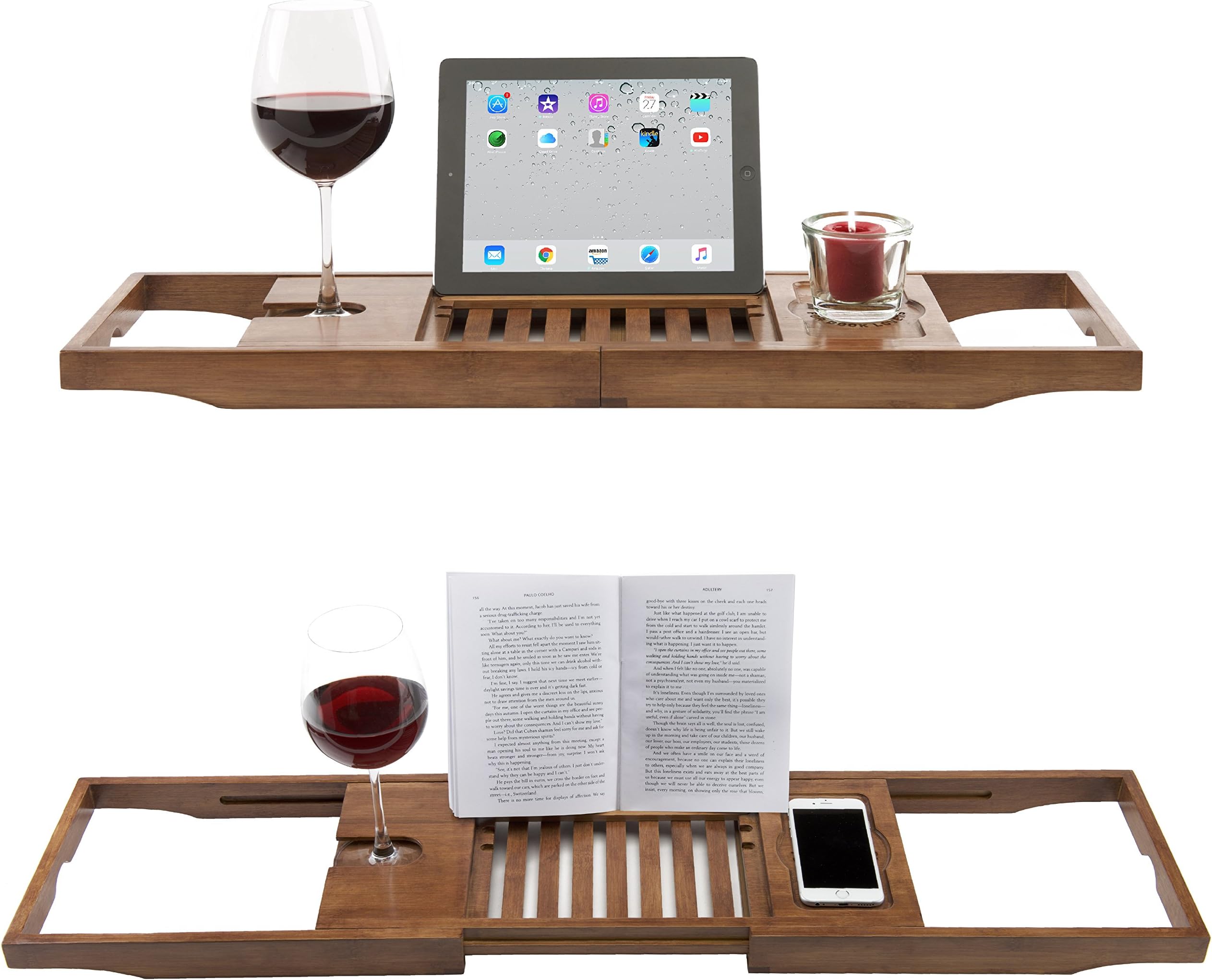 Bath Caddy Tray & Book Holder. Luxury Dark Wood Bath Rack / Shelf. Designed to safely hold your iPad & Wine Glass with Anti Slip & Extendable sides