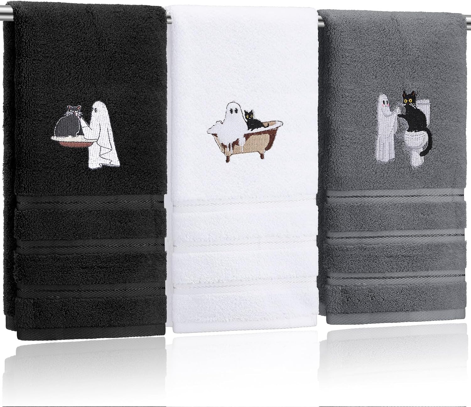 FuWeave 3 Pcs Halloween Hand Towels for Bathroom Embroidered Ghost Black Cat for Cotton Dish Towels Spooky Gothic Home Decor Black White Grey Absorbent Face Washcloths Gift 13.4 x 29.1 Inch