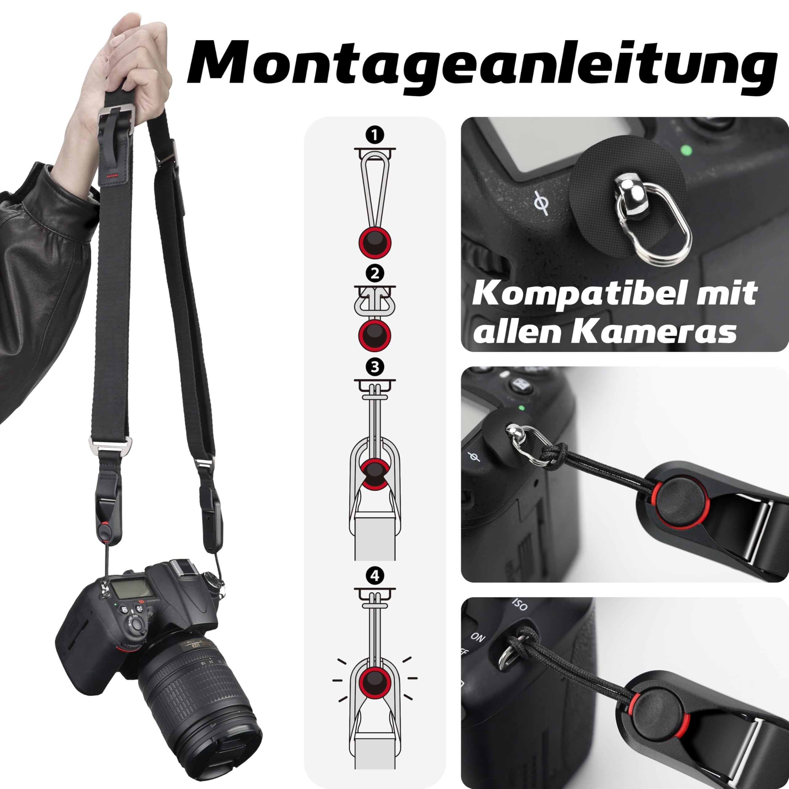 Sunya Kameragurt mit Schnellverschluss. Hergestellt aus fortschrittlichem Nylon, einhändige Einstellung, kompatibel mit allen Kameras, max. Belastung 90 kg (Schwarz)