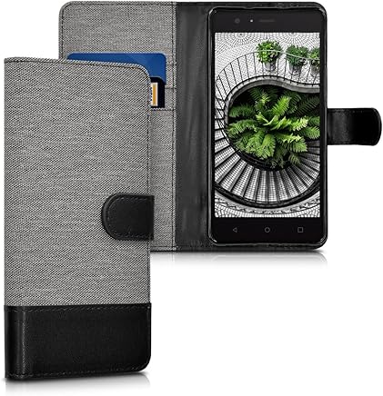 kwmobile Funda para bq Aquaris M5 - Carcasa de Tela y [Cuero sint?tico] - con Tapa y [Tarjetero] [Gris/Negro]