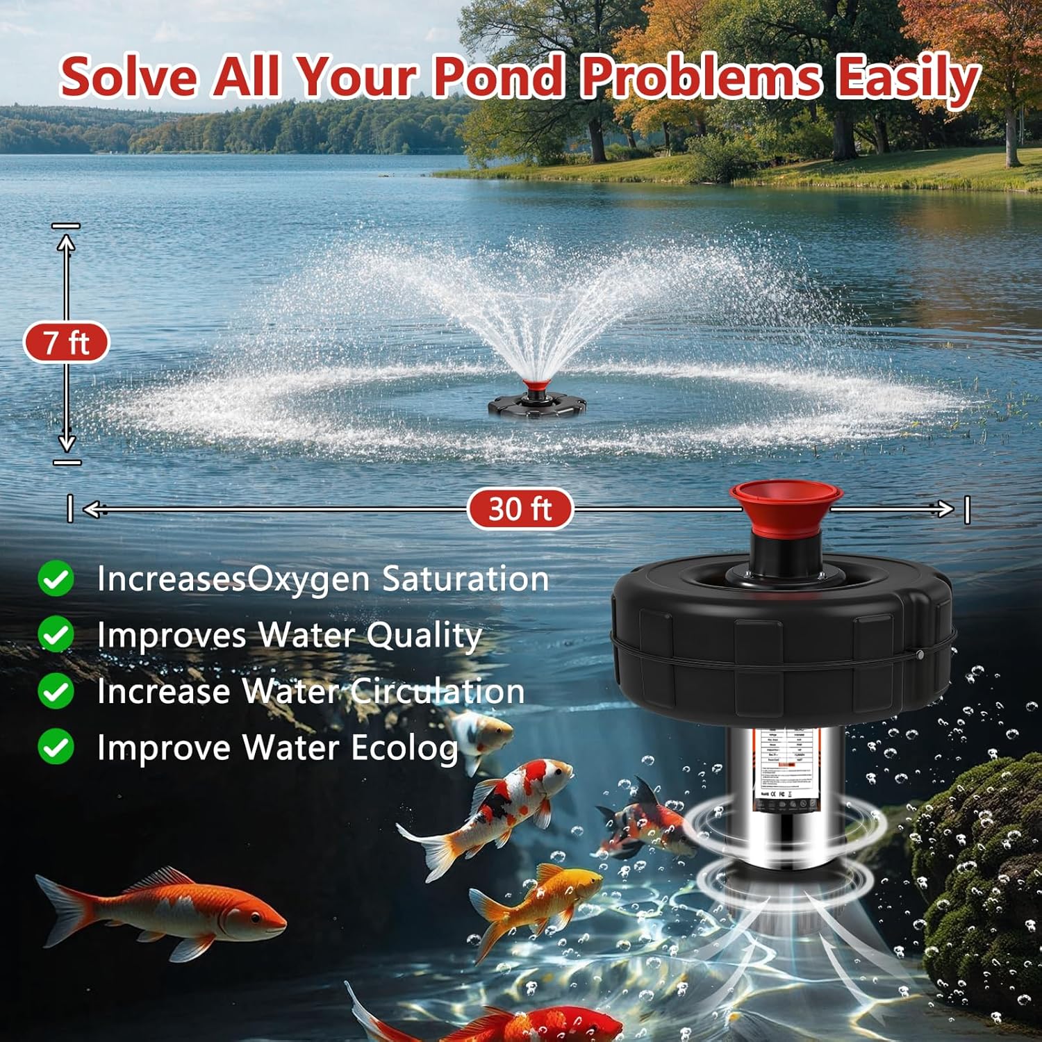Pond Fountain Aerator, 1HP 110V 750W 15000 GPH Floating Fountain Pump with 100 FT Power Cord, 2 x 100 FT Rope, Timer, Fully Automatic Powerful Aerating Fountain for Larger Ponds, Lakes