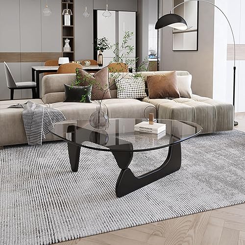 Miniatura 7 de Mesa auxiliar triangular en nogal de mediados de siglo con base de madera maciza moderna y triángulo de vidrio transparente para sala de estar, mesa