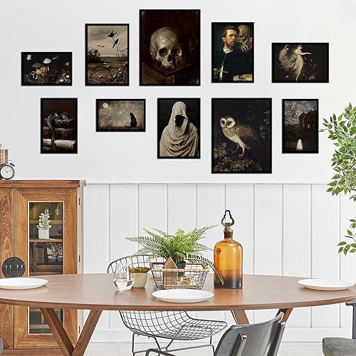 Miniatura 7 de Juego de arte gótico para pared, pósteres vintage oscuros e impresiones estéticas de bruja con calavera, búho, fantasma y gato, para dormitorio,