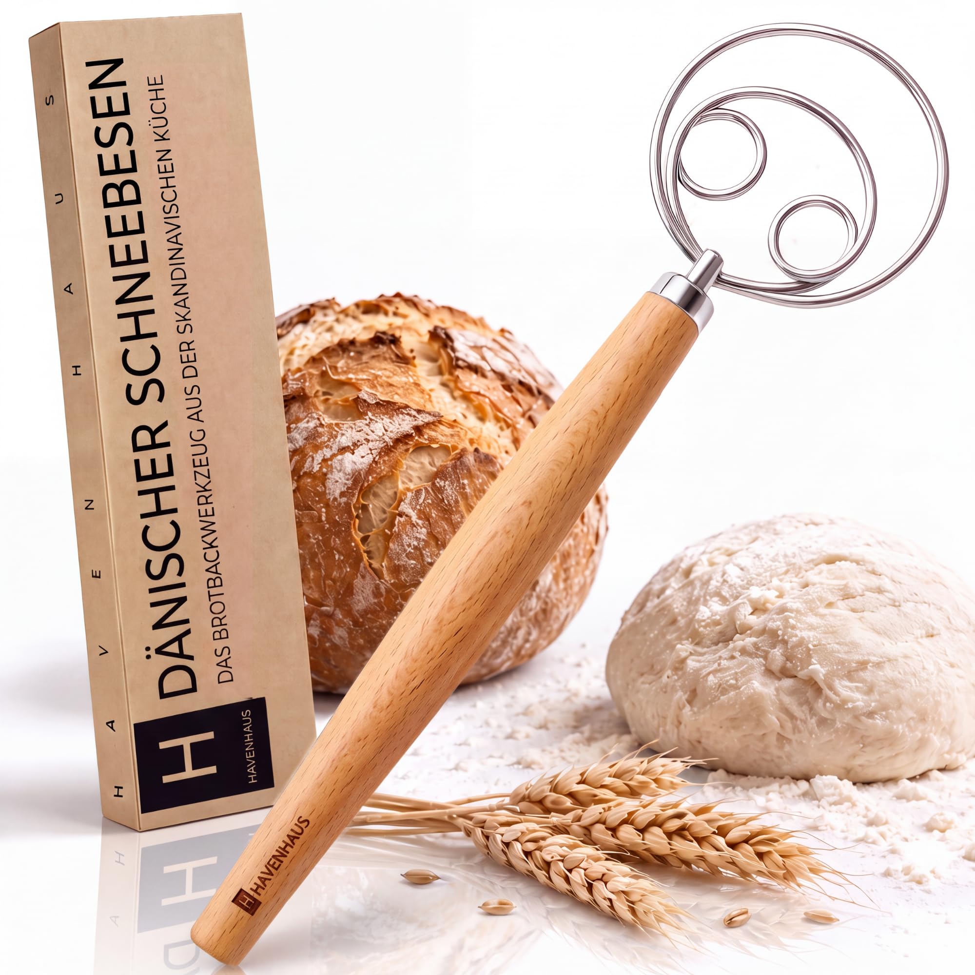 HAVENHAUS Dänischer Schneebesen 31cm | Teigrührer für Brot, Teig & Sauerteig | Teiglöffel | dänischer Teigbesen Edelstahl für einfaches Rühren, Teigkneter Brotbackzubehör mit Holzgriff