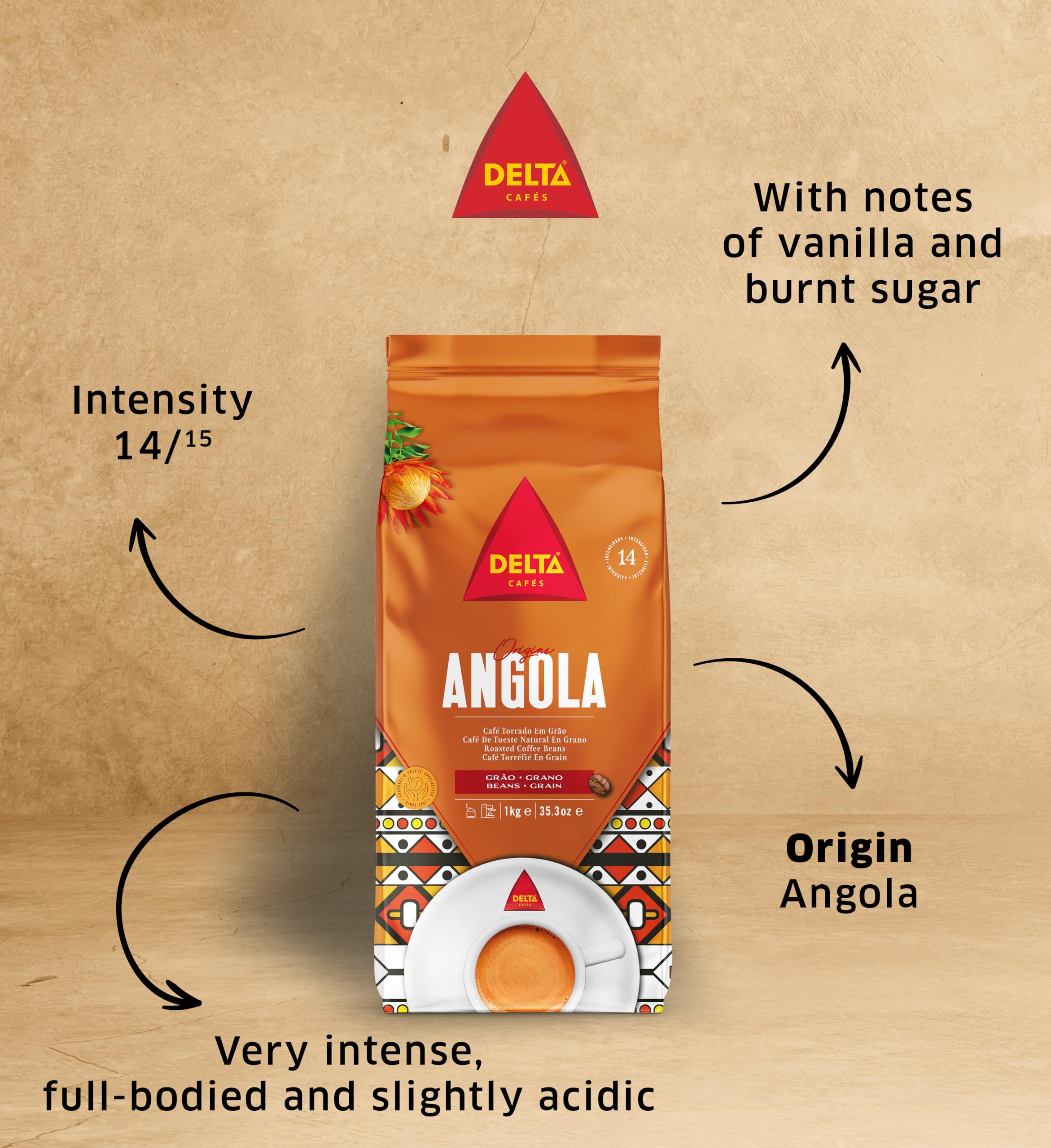 Delta Cafés Angola Caffè in Grani 1kg – Miscela Arabica & Robusta a Tostatura Naturale, Intensità 14, Chicchi Espresso Forti e Corposi
