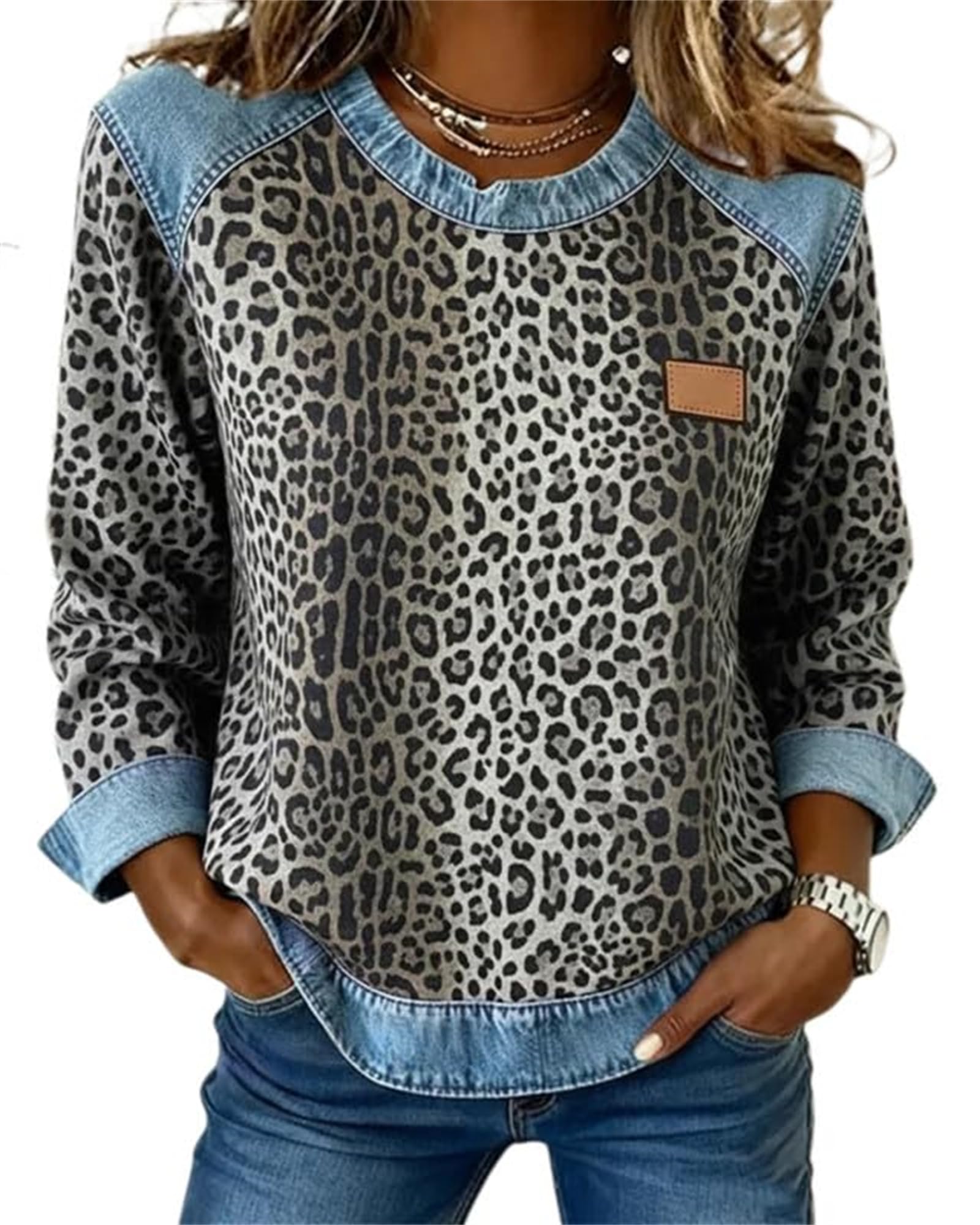 Generisch Damen-Sweatshirt mit Denim-Patchwork, Patchwork-Pullover mit Denim-Kragen und -Bündchen, Langarm-Henley-Shirt