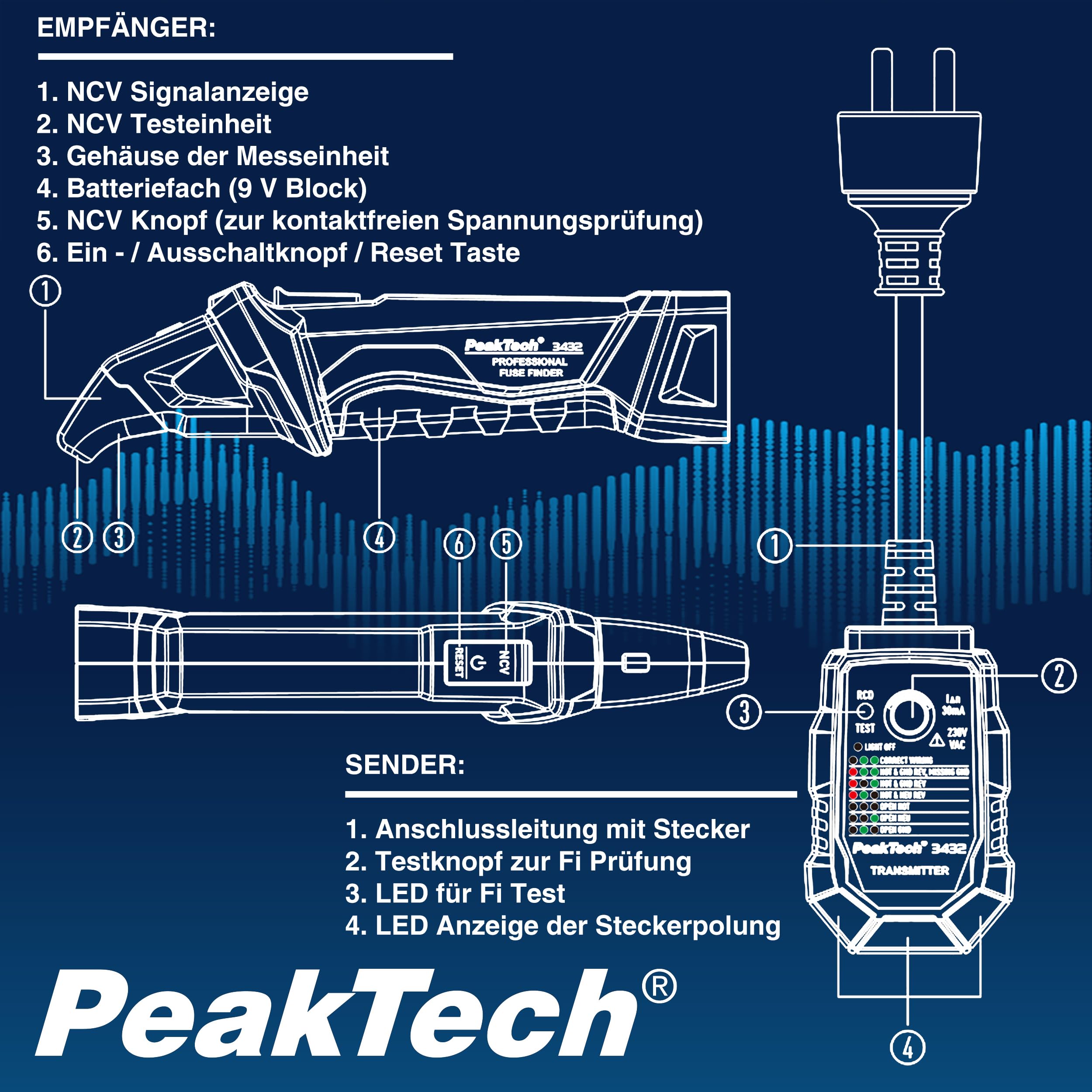 PeakTech P 3432 Sicherungsfinder Ortungsgerät für Stromkreise Spannungsprüfer berührungslos 230V Schuko NCV Phasenprüfer Leitungssuchgerät