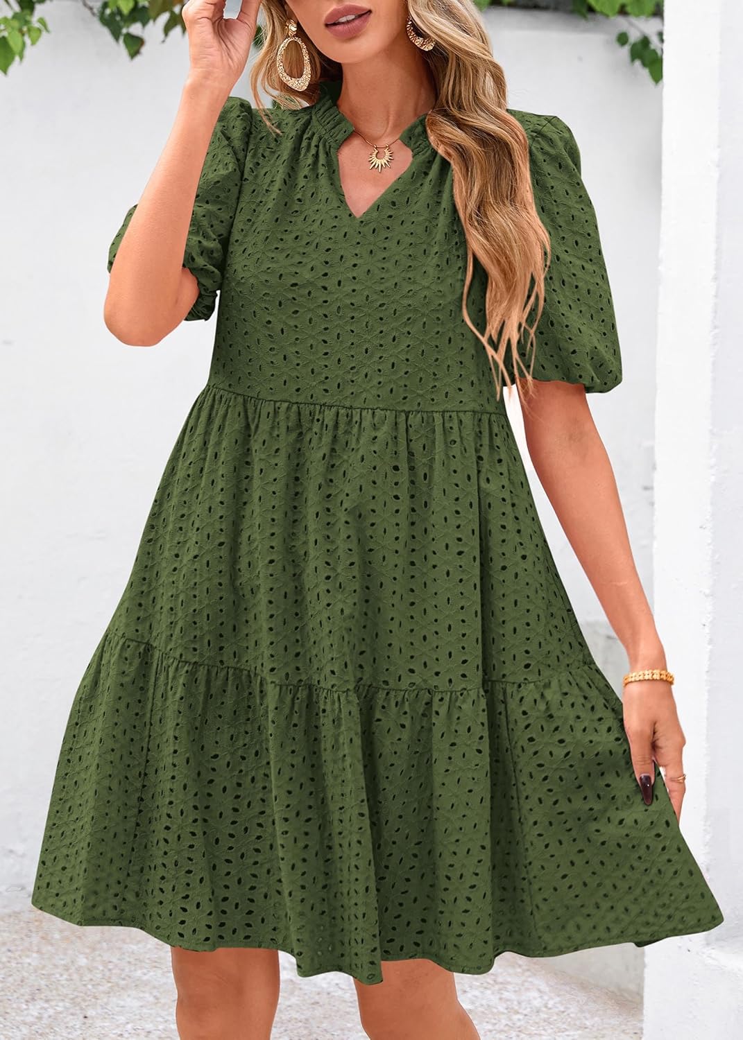 KIRUNDO Eyelet Summer Dresses for Women 2026 Mini Casual Hollow Out Short Sleeve Lace Tiered V Neck Shift Dress Pockets - Image 4
