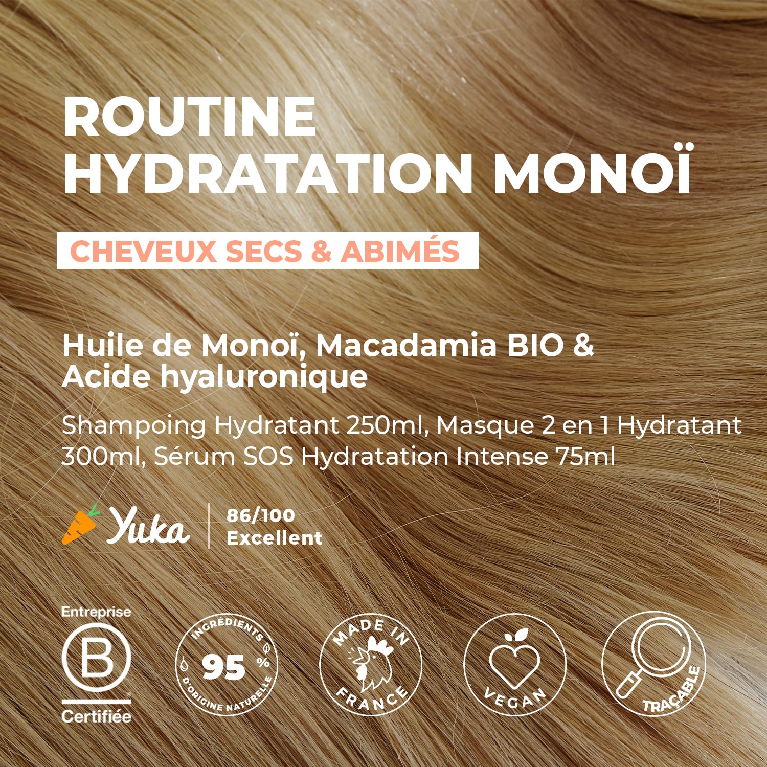 ENERGIE FRUIT - Coffret cadeaux routine capillaire cheveux secs abîmés - Monoi et acide hyaluronique - Trio shampooing réhydratant, masque hydratant, sérum protecteur - Trousse offerte