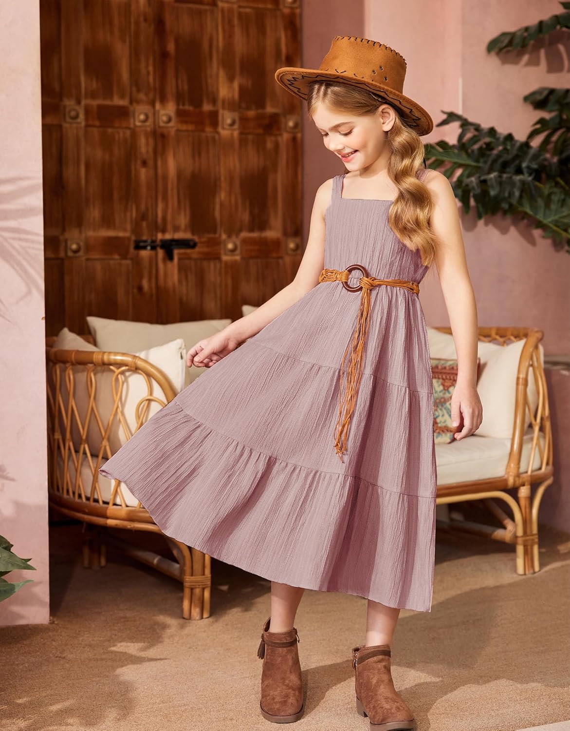 Arshiner Girl's Sundresses Summer Boho Strap Tiered Cami Maxi Dresses with Pockets - Image 3