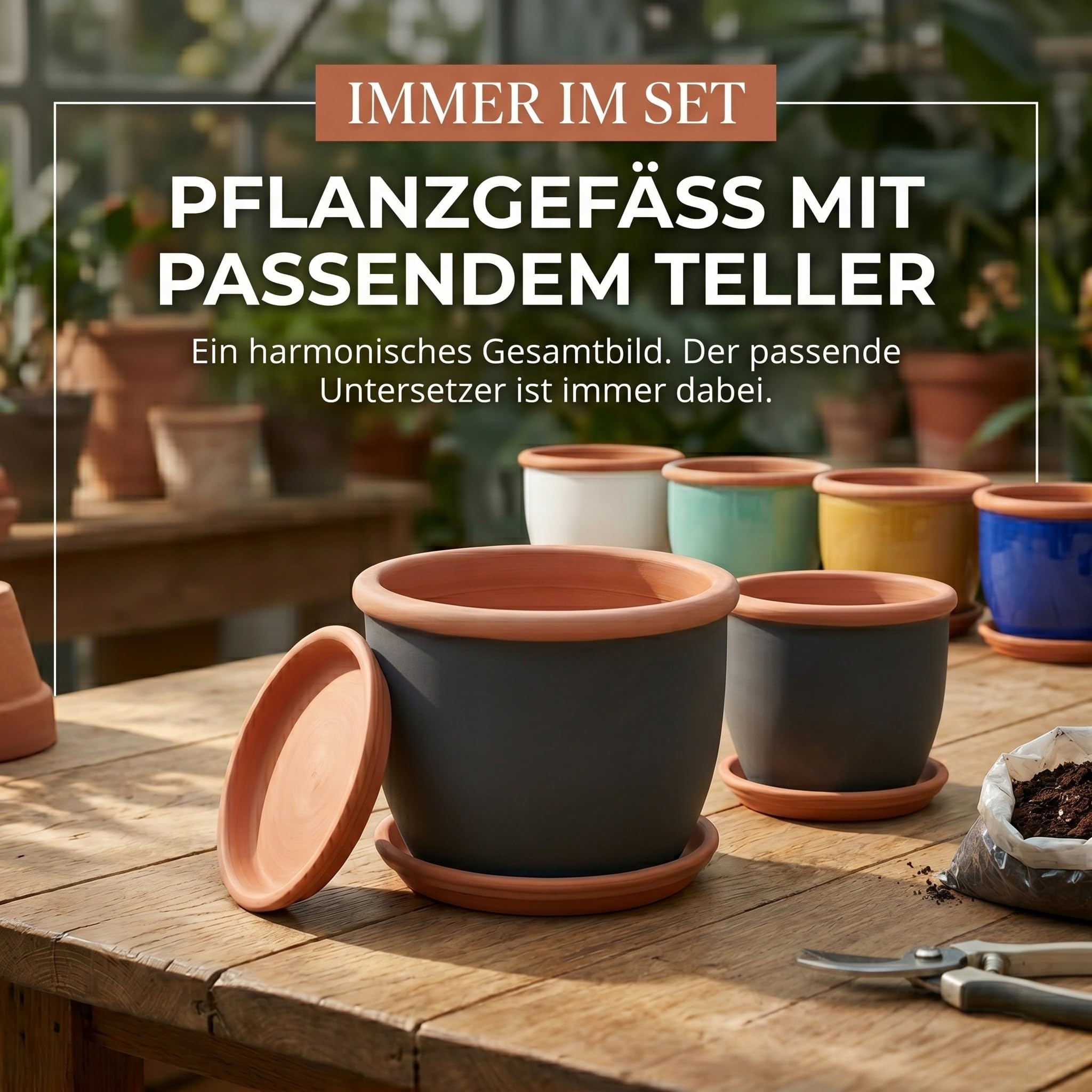 Teramico Keramik Pflanzgefäß Set mit Teller frostfest (Royal Blau, 36cm x 28cm)