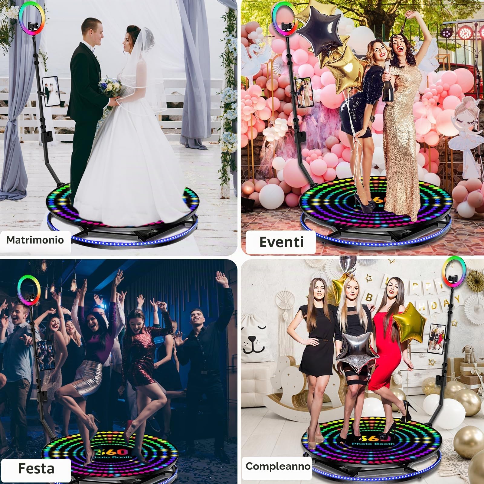Set fotografico a 360° con custodia per il trasporto, cabina fotografica a 360° con telecomando per 5-6 persone, anello luminoso RGB, logo personalizzato gratuito (100 cm / 39,4in)