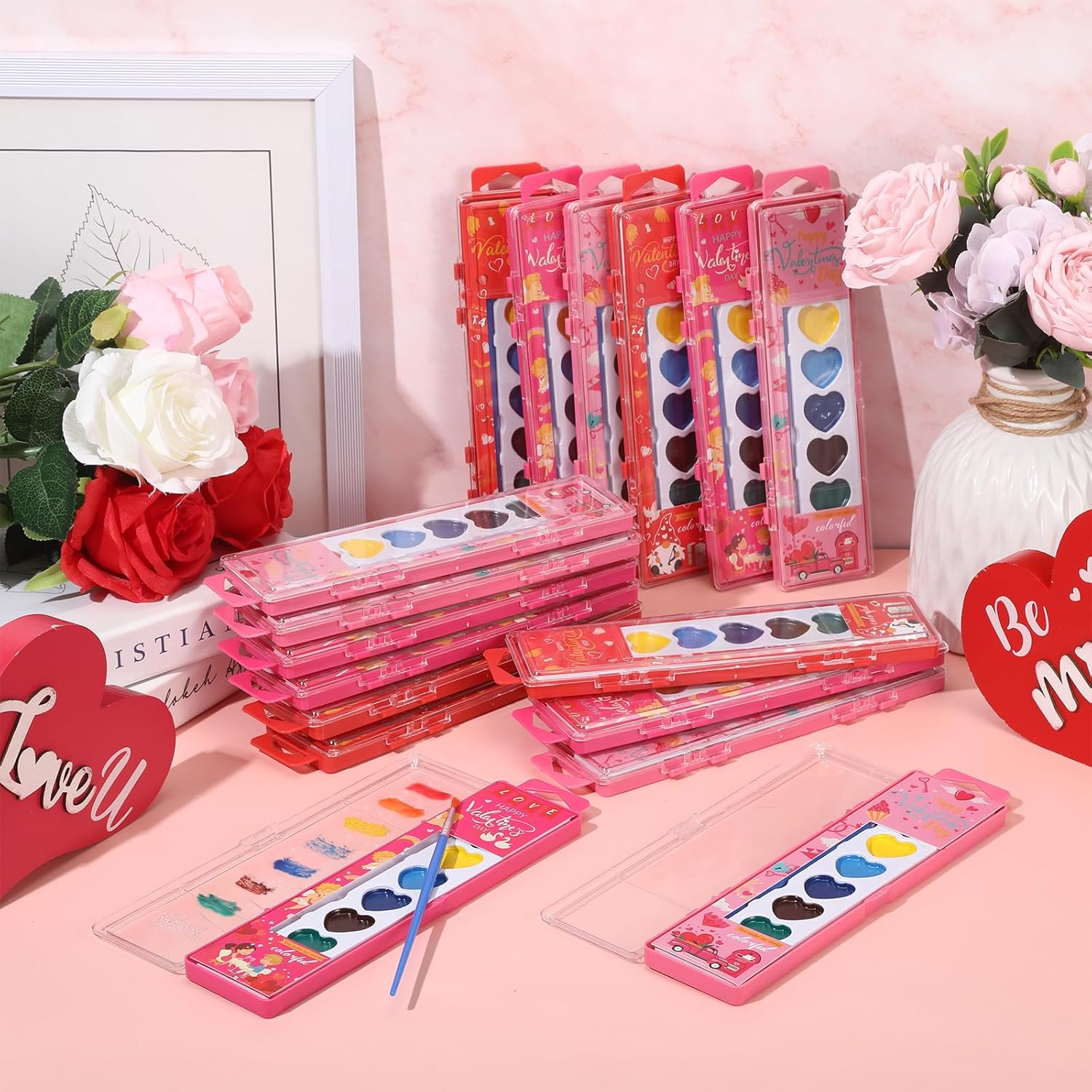 60 Packs Valentines Heart Watercolor Paint Set 8 Washable Colors with Brushes Water Color Painting Kit Party Favor Valentines Gifts Painting Kit for Adult
