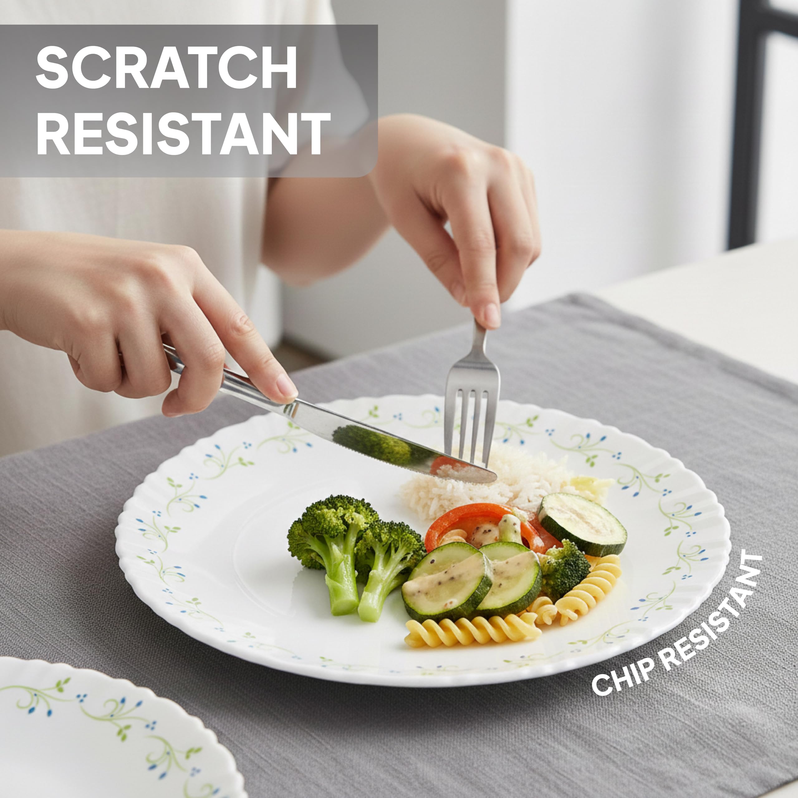 Cello Opalware Dazzle Series Tropical Lagoon Dinner Set, 35 Pcs Serving for 6 | Bone Ash-Free | Lightweight, Elegant White Plates & Bowls Set |Opal Glass Crockery Set for Daily Use Dinning & Gifting 1