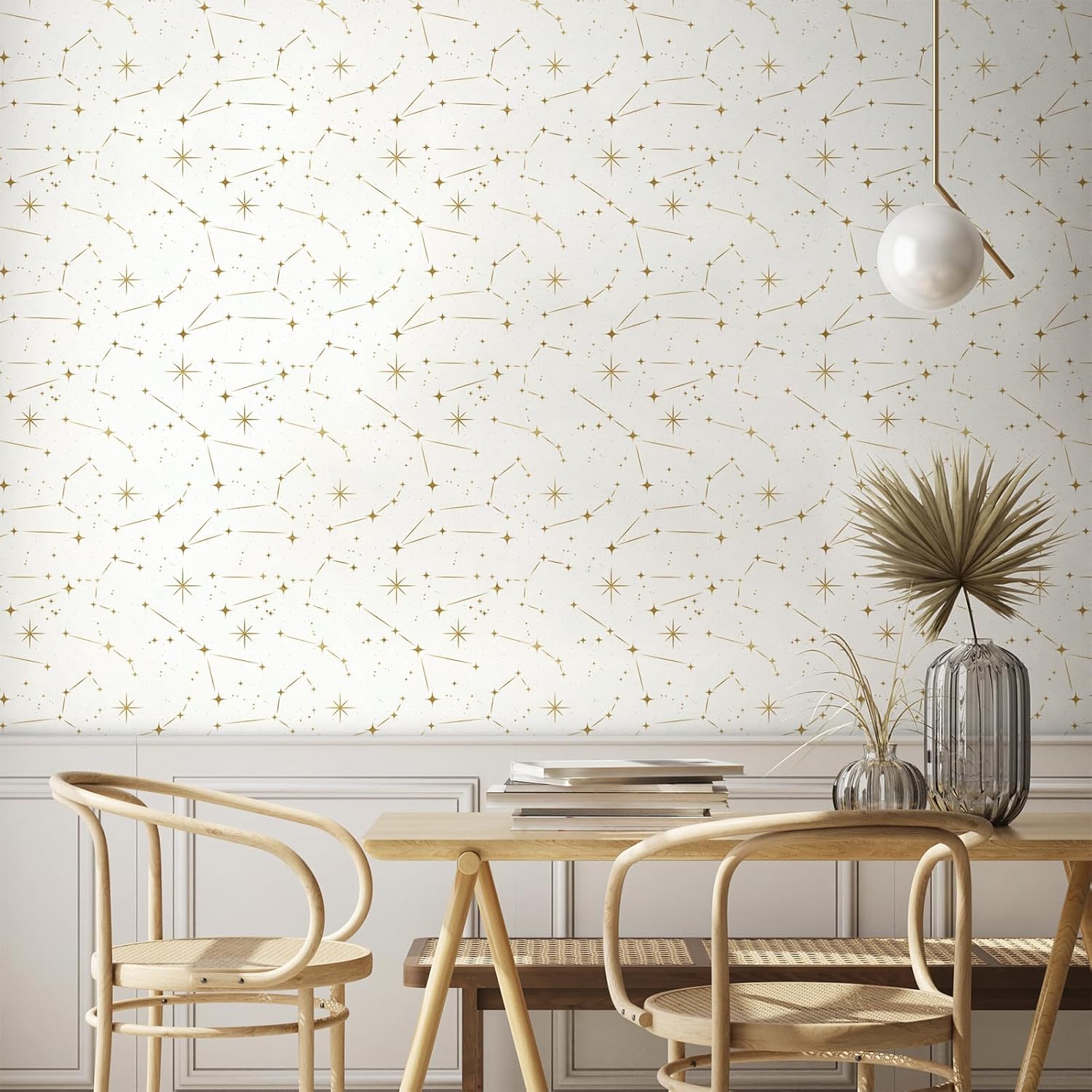 VaryStyle 17.7"x393" Beige Gold Star Wallpaper Peel and Stick Night Sky Space Galaxy Wallpaper Renter Friendly Beige Contact Paper for Walls Drawers Waterproof Vinyl Wall Paper for Kids Room Dollhouse