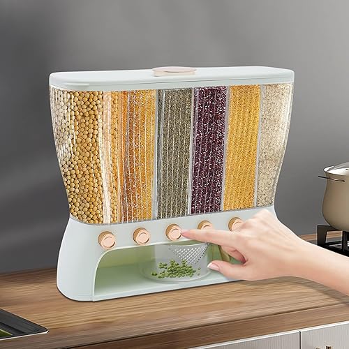 Miniatura 5 de Dispensador de granos de 6 rejillas, dispensador de alimentos secos de grano giratorio de 360, contenedor de almacenamiento de arroz y granos,