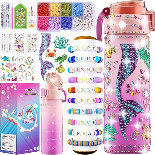 BOOH Decorate Your Own Water Bottle Kits for Girls Age 4-12, Fun Arts and Crafts for Girls Age 4-12, Friendship Bracelet Kit & Mermaid Tail Toys for Ages 6-12, Birthday Gifts Christmas School