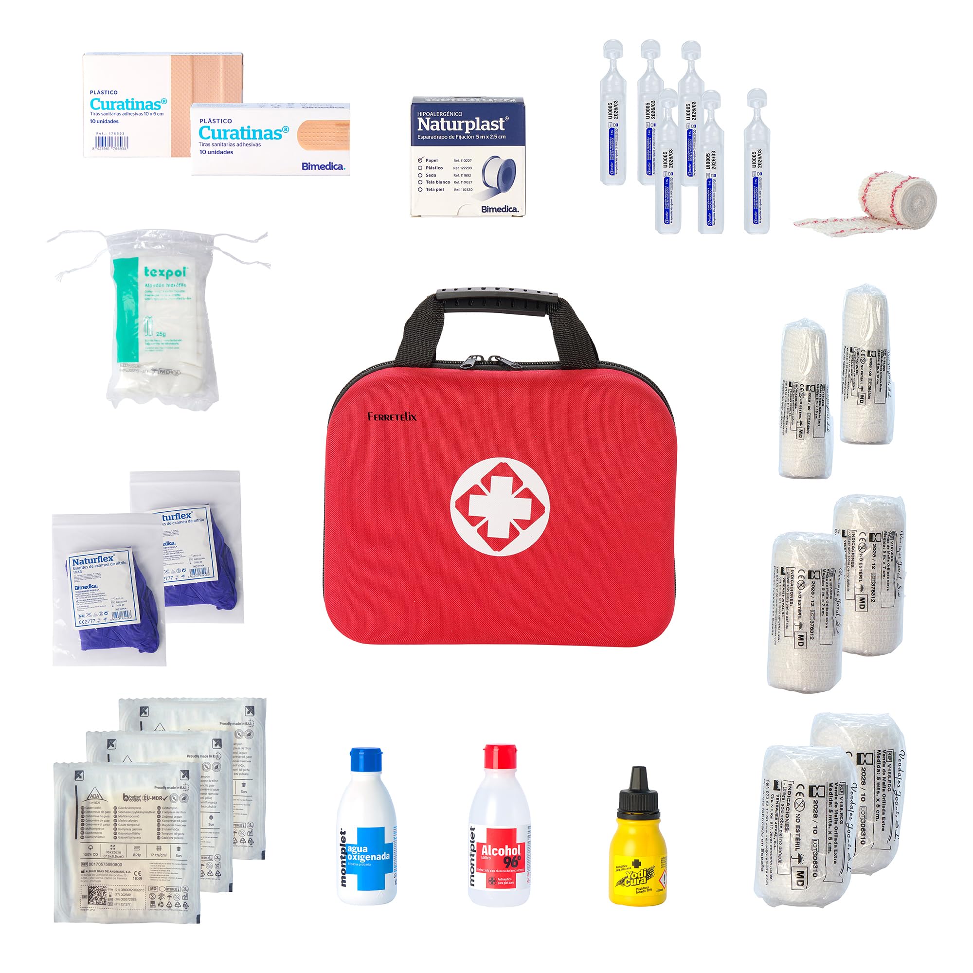 FERRETELIX® Botiquin neceser primeros auxilios con dotacion 25 cm x 20 cm x 8 cm Completo Emergencia, Para Viaje y Acampada, Coche, Supervivencia, Excursión, Montaña, Senderismo, Aventura, Rojo.