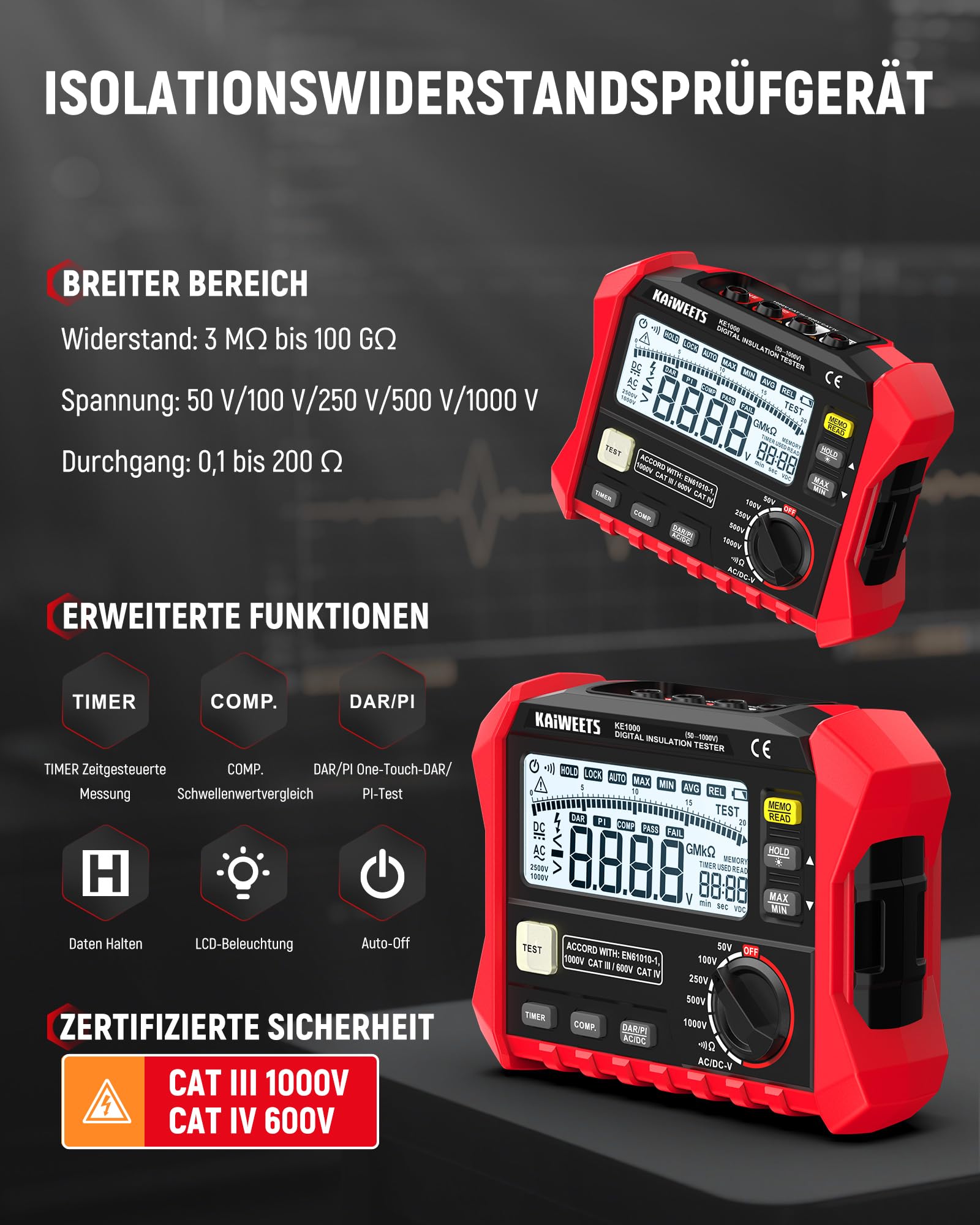 KAIWEETS Isolationsmessgerät, Isolationswiderstandsmessgerät, bis zu 100 GΩ, 50 V/100 V/250 V/500 V/1000 V, One-Touch-DAR/PI, mit AC/DC-Spannungsprüfung für Motoren, Solar, HLK
